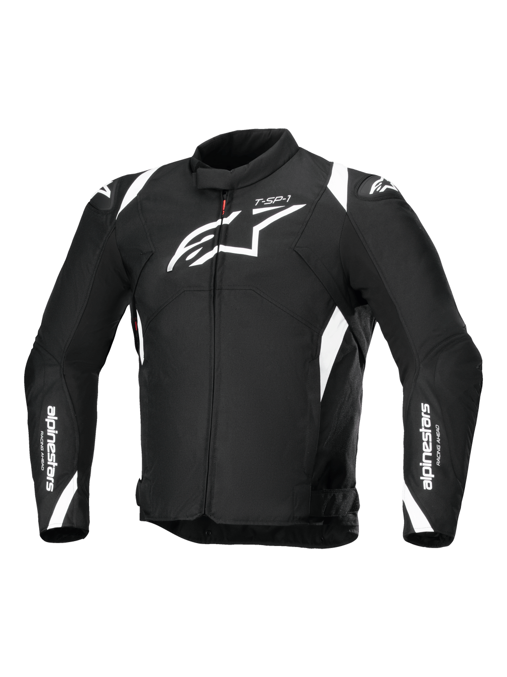 Alpinestars T-SP 1 V2 Waterproof Jacket, Textile Motorcycle Jacket, Black and White, featuring a large white Astars logo on the chest, branding on the sleeves and shoulders, and a technical sport-inspired silhouette.