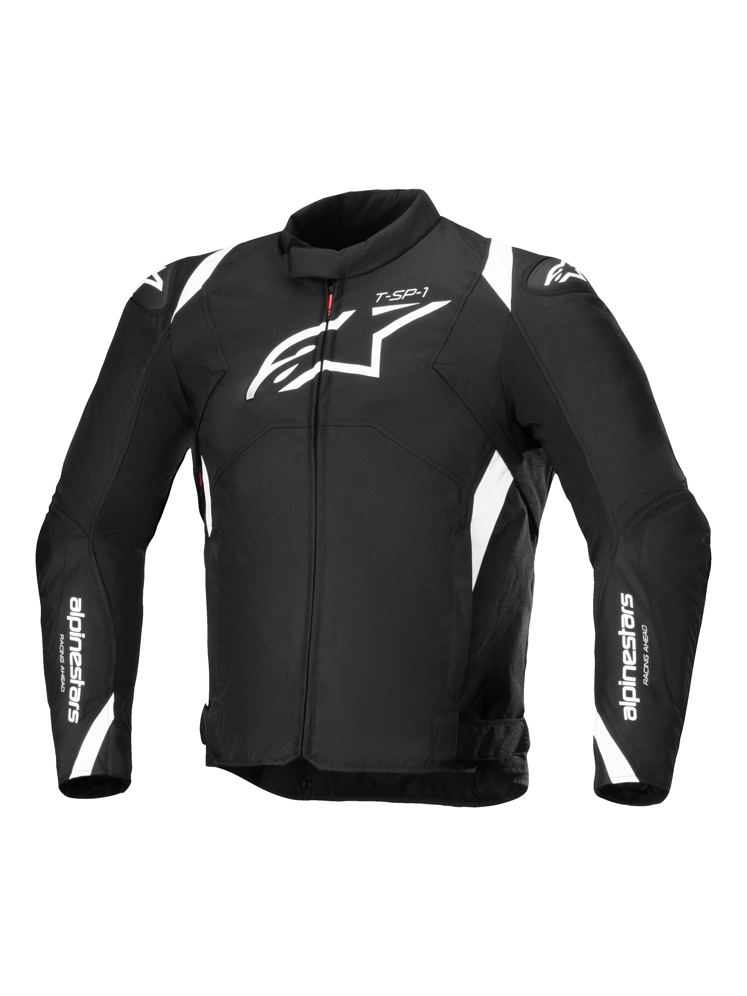 Alpinestars T-SP 1 V2 Waterproof Jacket, Textile Motorcycle Jacket, Black and White, featuring a large white Astars logo on the chest, branding on the sleeves and shoulders, and a technical sport-inspired silhouette.