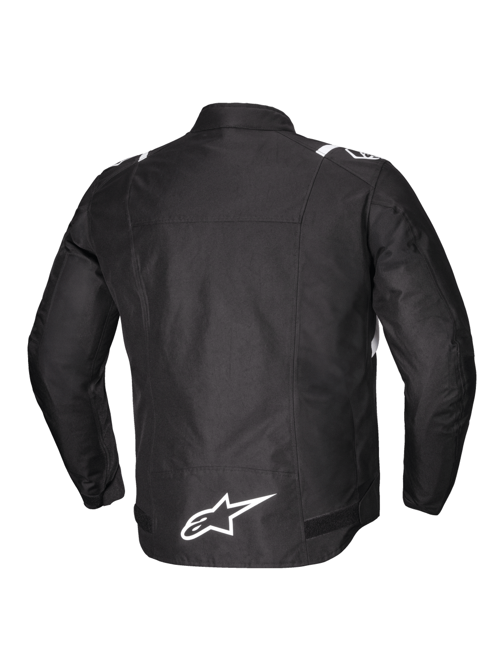 Alpinestars T-SPS V2 Waterproof Jacket, men's textile motorcycle riding jacket, rear view in black with white accents and reflective logo detailing, featuring CE Class A certification and abrasion-resistant 600D poly fabric