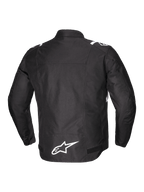 Alpinestars T-SPS V2 Waterproof Jacket, men's textile motorcycle riding jacket, rear view in black with white accents and reflective logo detailing, featuring CE Class A certification and abrasion-resistant 600D poly fabric