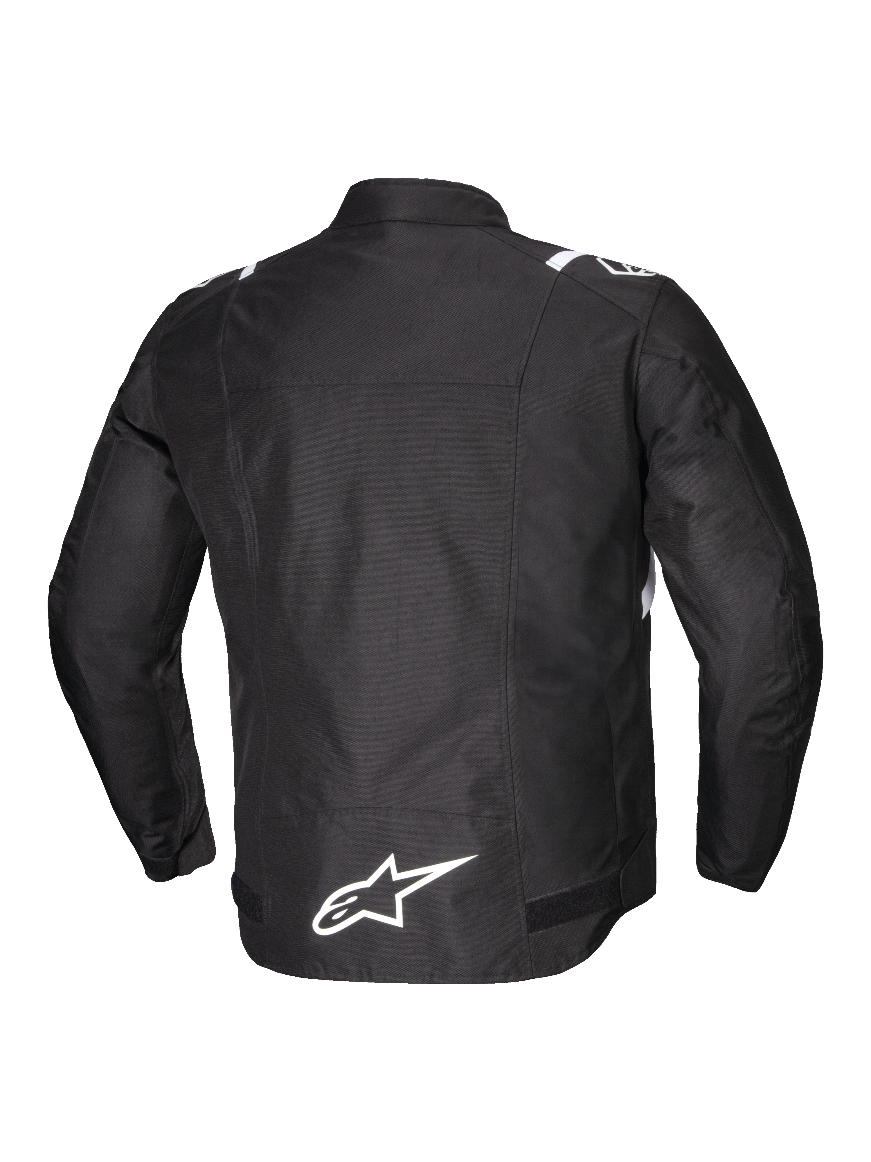 Alpinestars T-SPS V2 Waterproof Jacket, men's textile motorcycle riding jacket, rear view in black with white accents and reflective logo detailing, featuring CE Class A certification and abrasion-resistant 600D poly fabric
