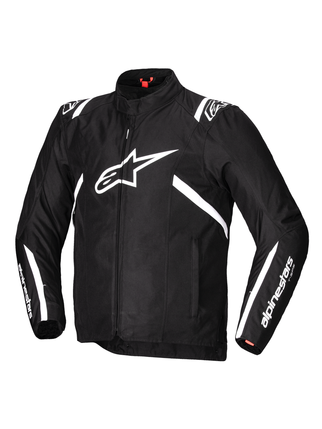 Alpinestars T-SPS V2 Waterproof Jacket, men's road motorcycle textile jacket in black and white, featuring durable 600D poly fabric construction, CE Level 1 Nucleon Flex Plus protection, and Tech-Air readiness