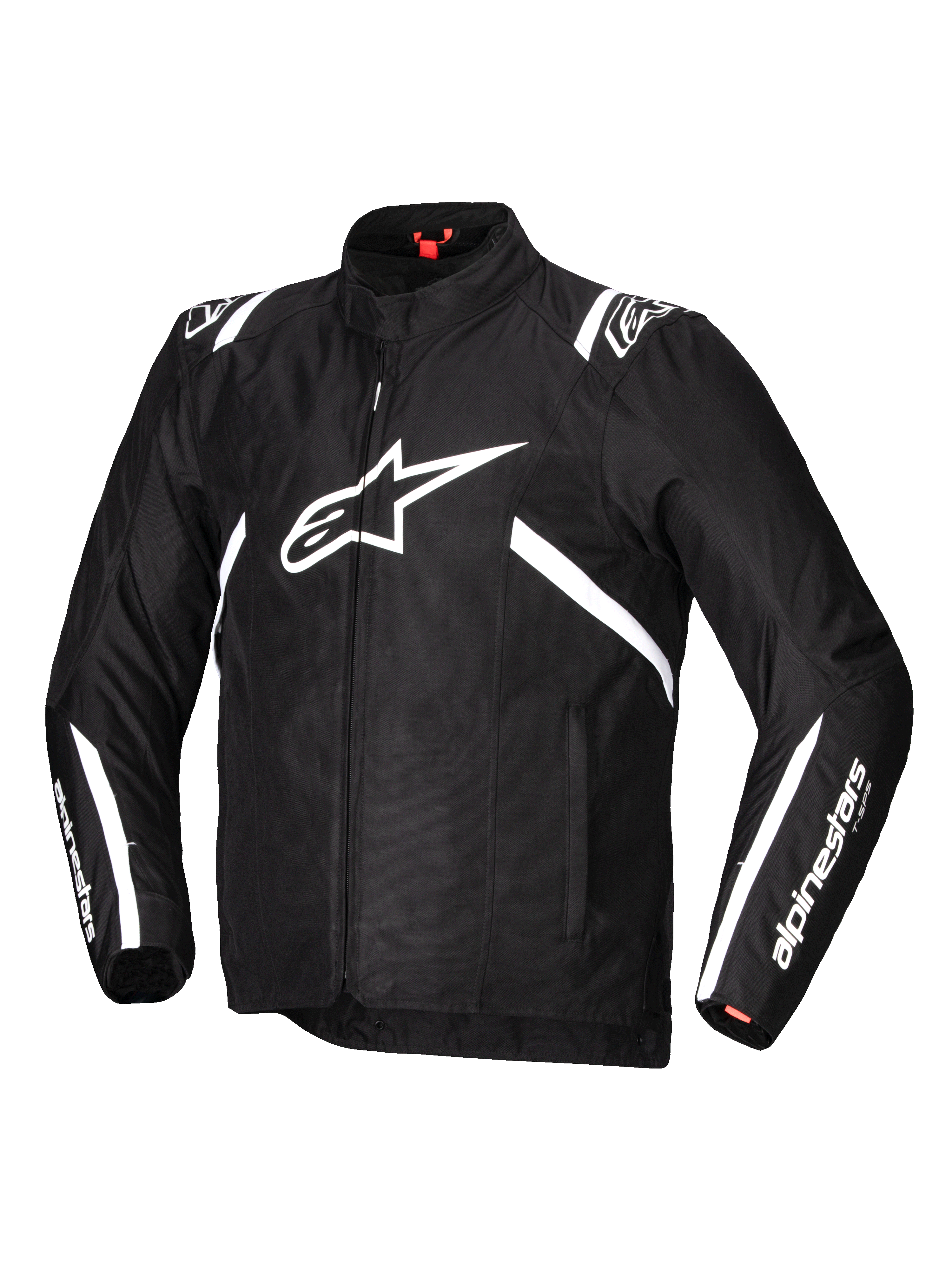 Alpinestars T-SPS V2 Waterproof Jacket, men's road motorcycle textile jacket in black and white, featuring durable 600D poly fabric construction, CE Level 1 Nucleon Flex Plus protection, and Tech-Air readiness