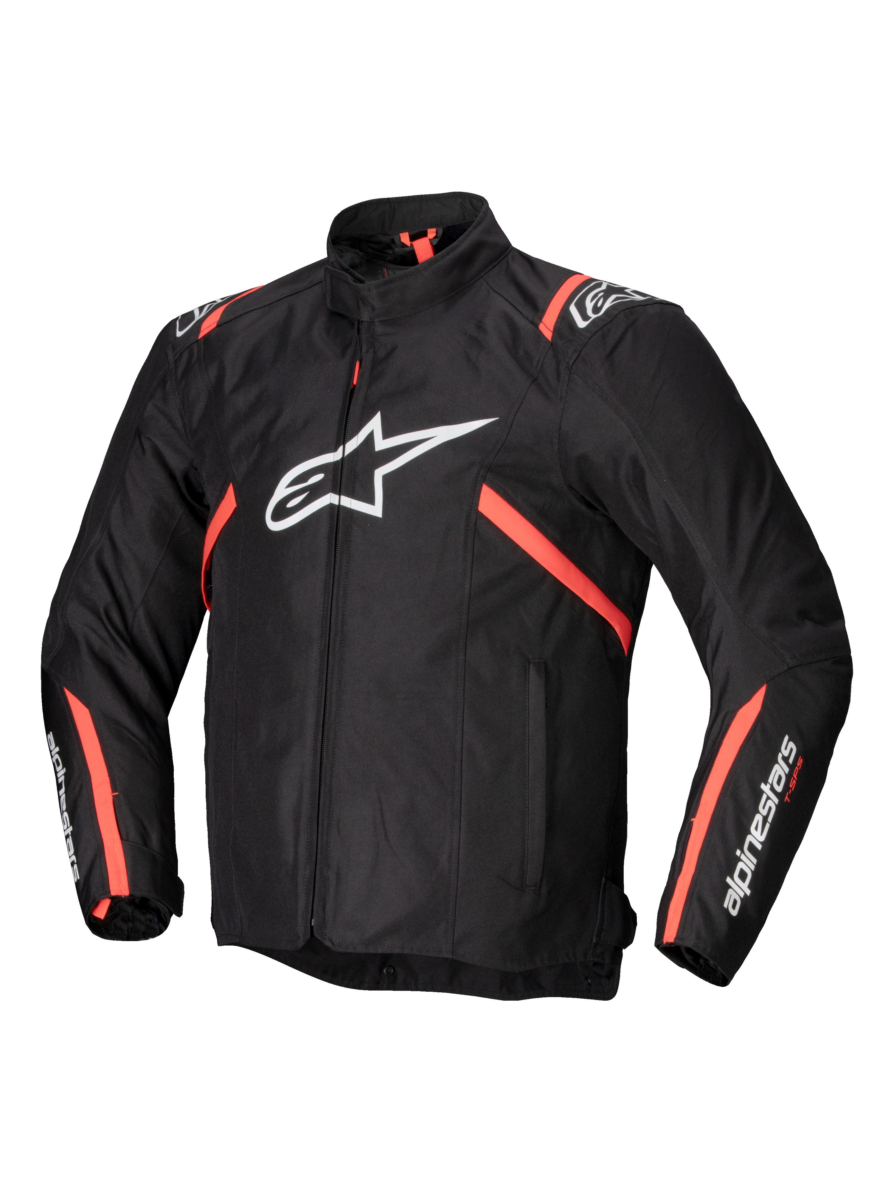 Alpinestars T-SPS V2 Waterproof Jacket, men's textile motorcycle riding jacket in black with white and red fluo accents, CE certified with Tech-Air readiness