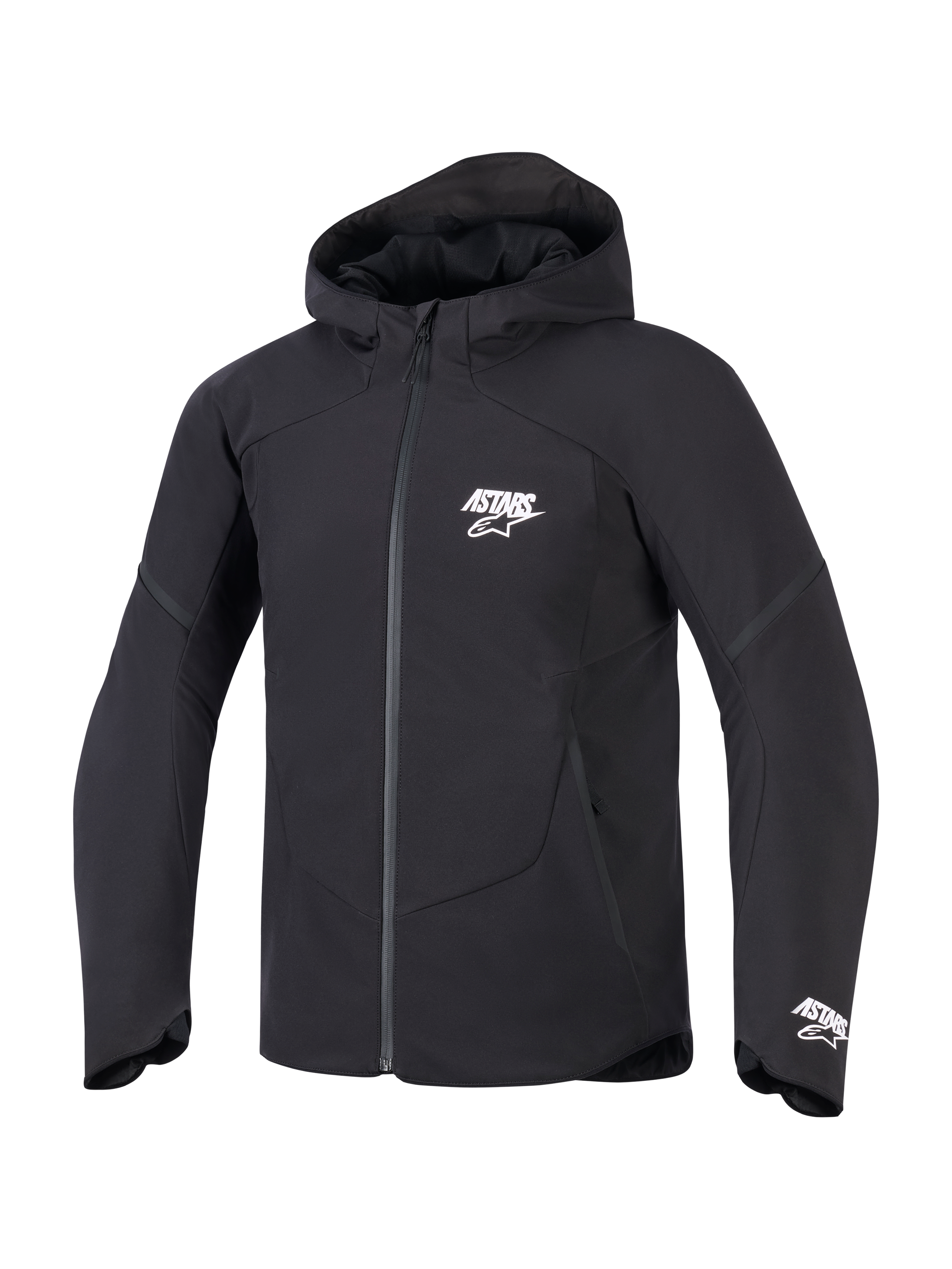 Alpinestars Aeroshell Waterproof Jacket, Black, front view of a hooded motorcycle jacket featuring white ASTARS branding on the chest and cuff, sleek textile finish with a waterproof front zipper