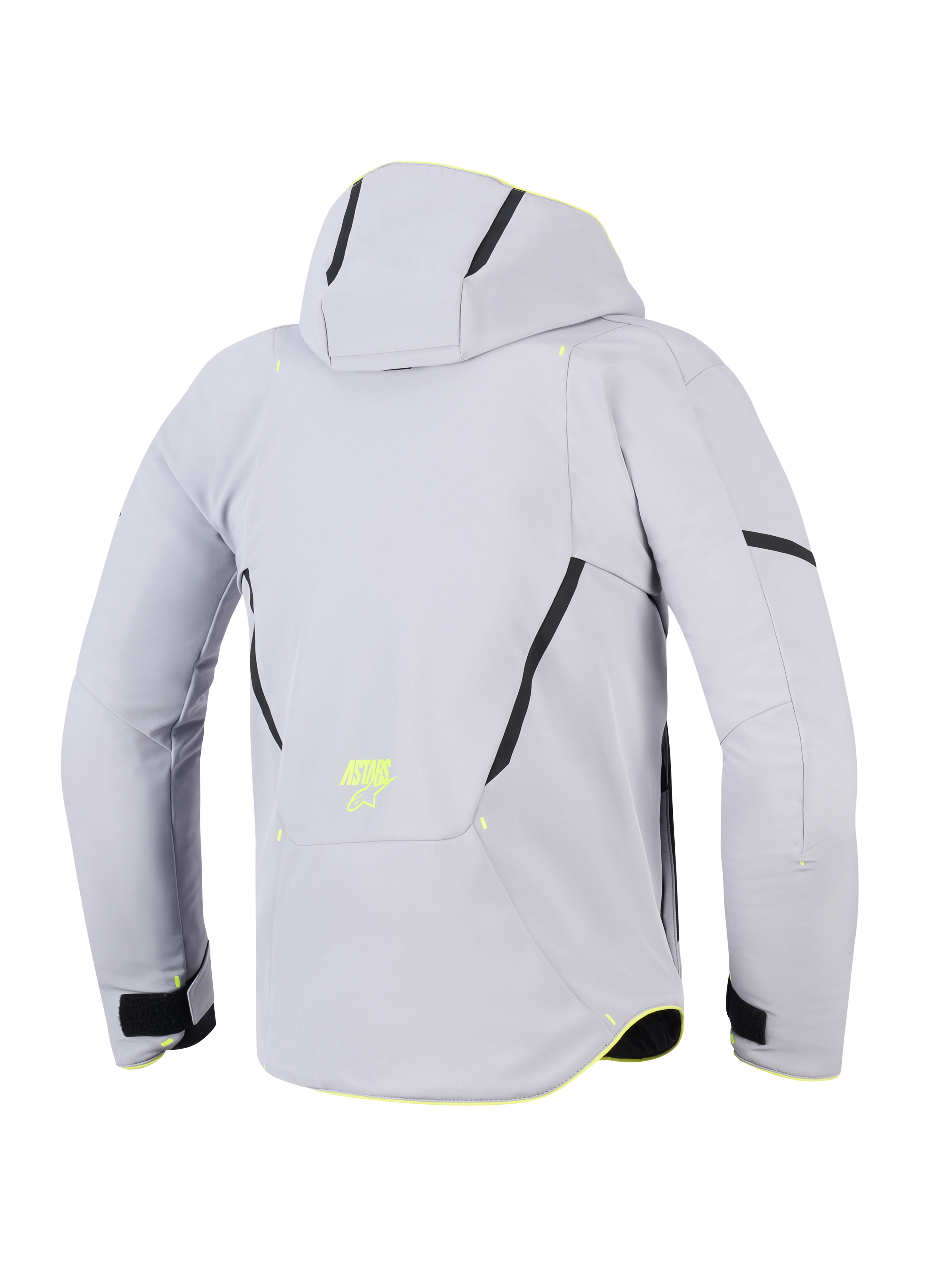 Alpinestars Aeroshell Waterproof Jacket, Mid Gray Yellow Fluo, baksida av en motorcykeljacka med huva, ljusgrå softshell-textil med svarta diagonala detaljer, neongul ASTARS-logotyp på nedre ryggen, modern sportfokuserad design.
