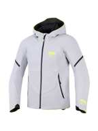 Alpinestars Aeroshell Waterproof Jacket, mellangrå och neongul, sportig softshelljacka för motorcykel med huva, neongula ASTARS-logotyper, svart vattentät dragkedja och modern atletisk passform.