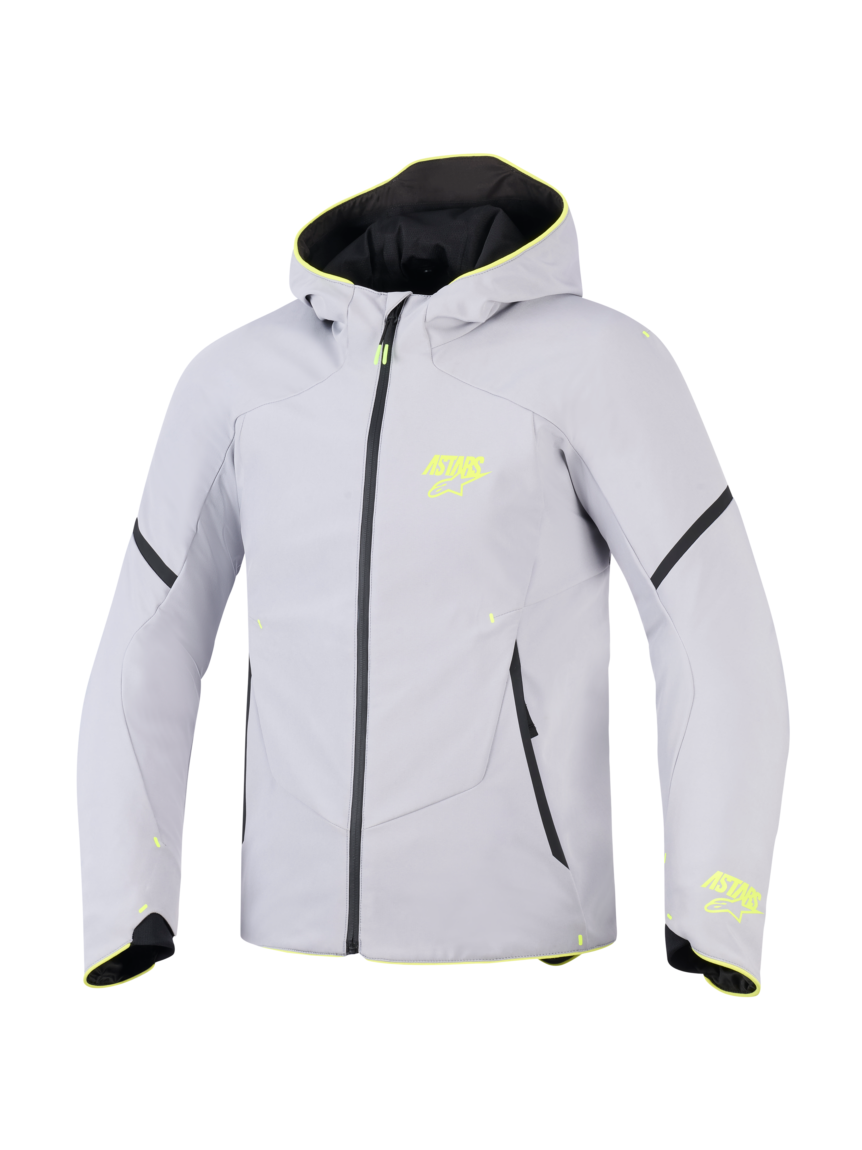 Alpinestars Aeroshell Waterproof Jacket, mellangrå och neongul, sportig softshelljacka för motorcykel med huva, neongula ASTARS-logotyper, svart vattentät dragkedja och modern atletisk passform.