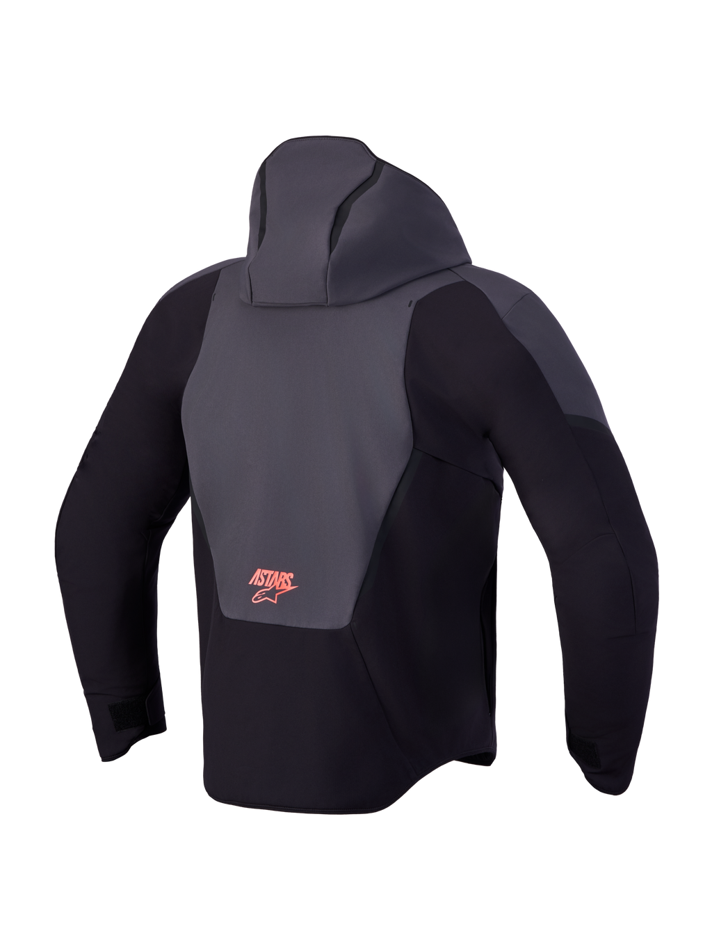 Alpinestars Aeroshell WP jacka, vattentät motorcykeljacka i softshell, svarta och mörka gråa färger med luva och logotypdetalj bakifrån