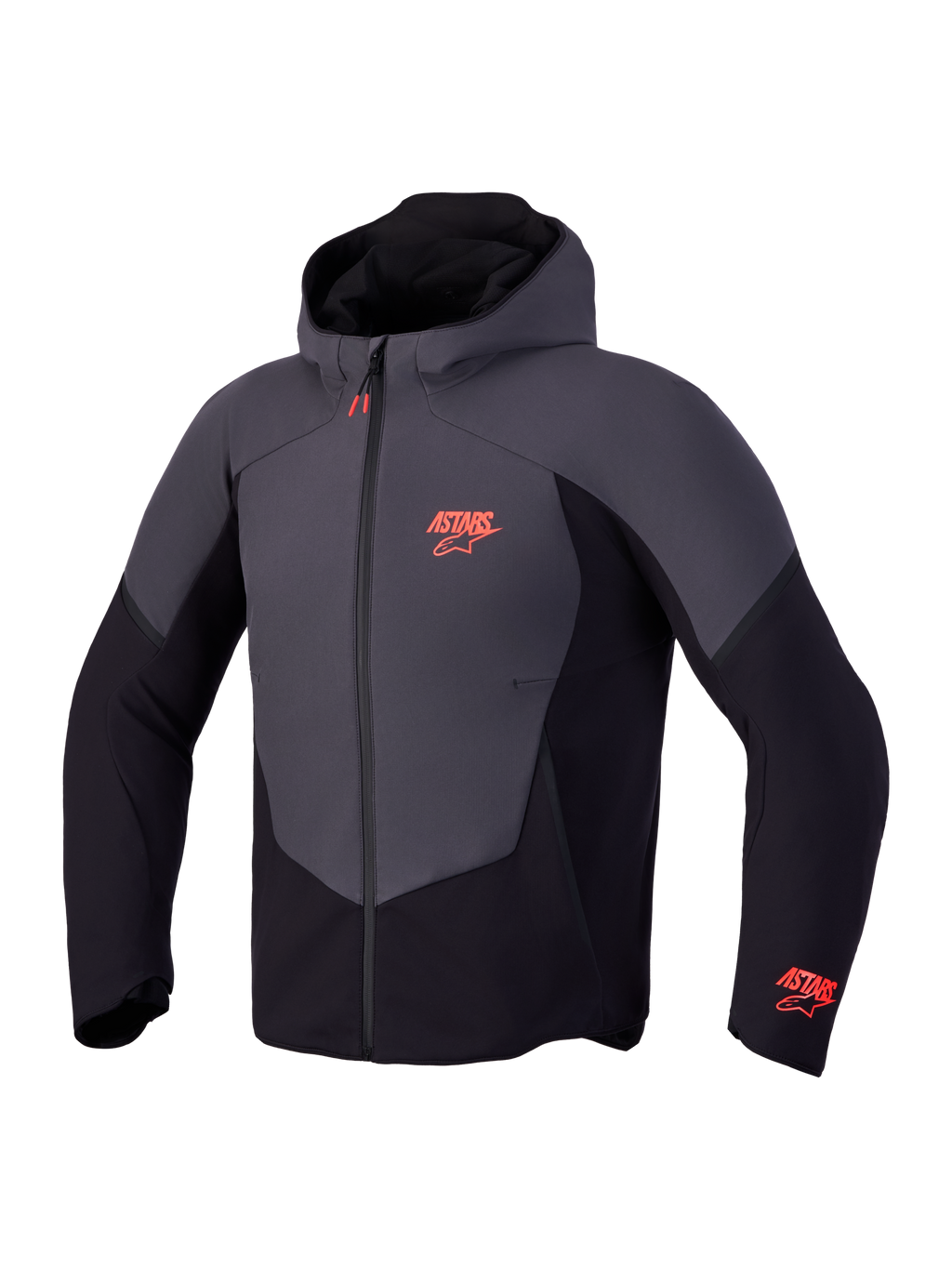 Alpinestars Aeroshell WP jacka, CE-certifierad motorcykeljacka med huva, svart och mörkgrå med röda logotyper, vattentät design