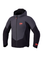 Alpinestars Aeroshell WP jacka, CE-certifierad motorcykeljacka med huva, svart och mörkgrå med röda logotyper, vattentät design