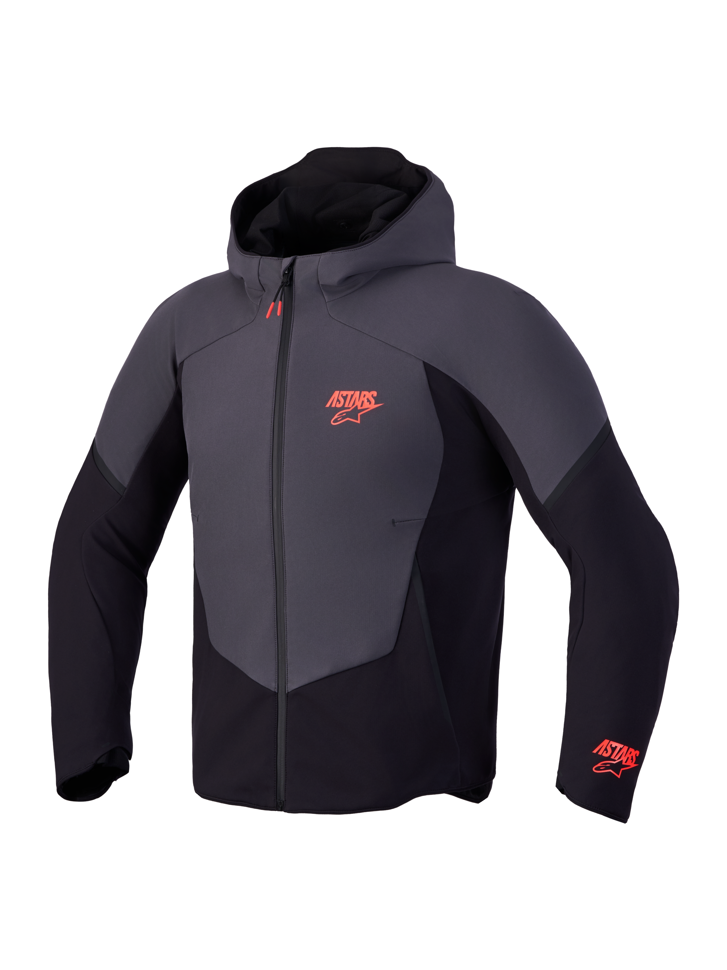 Alpinestars Aeroshell WP jacka, CE-certifierad motorcykeljacka med huva, svart och mörkgrå med röda logotyper, vattentät design