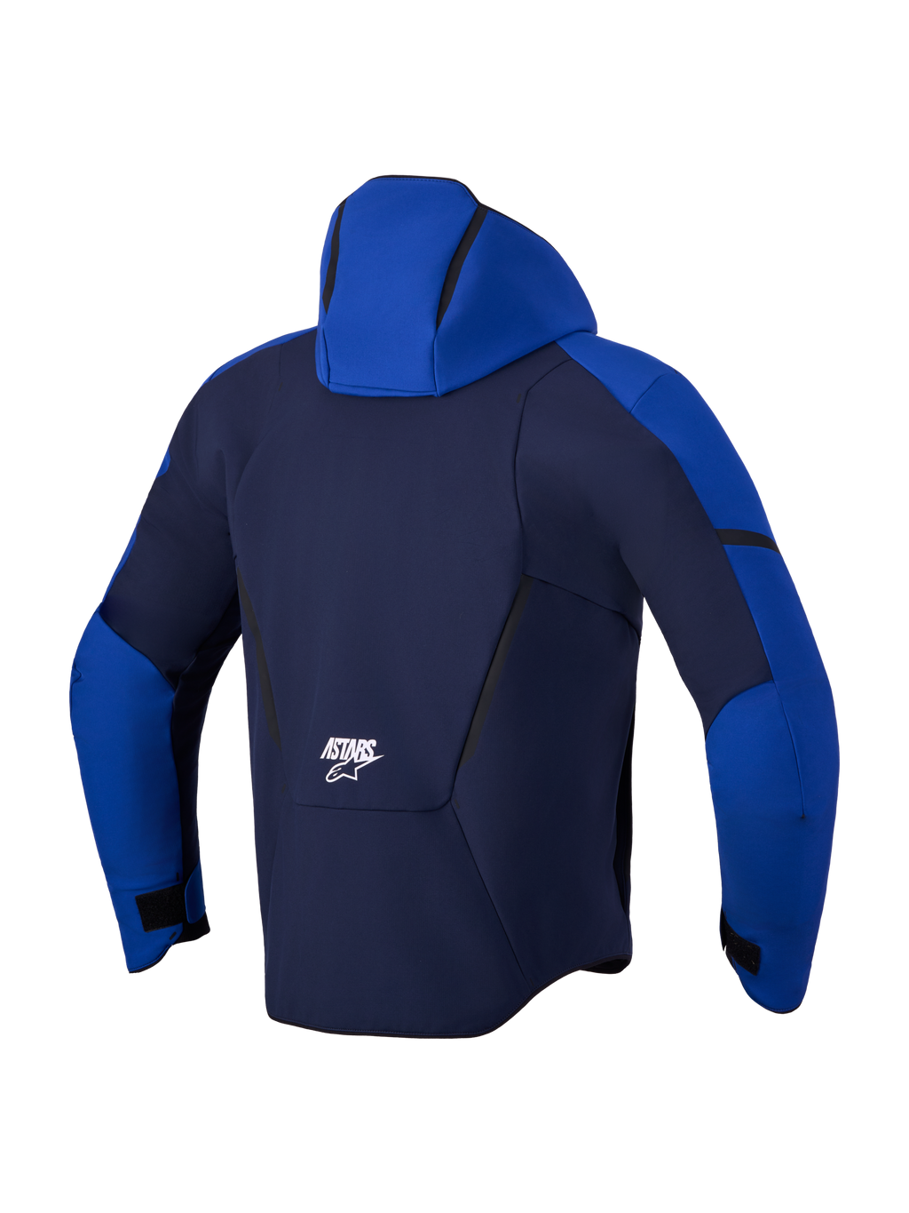 Alpinestars Aeroshell WP jacka, vattentät motorcykeljacka i softshell, baksidesvy som visar huva och logotyp, mörkblå och ljusblå, vattentät och andningsbar stretchkonstruktion