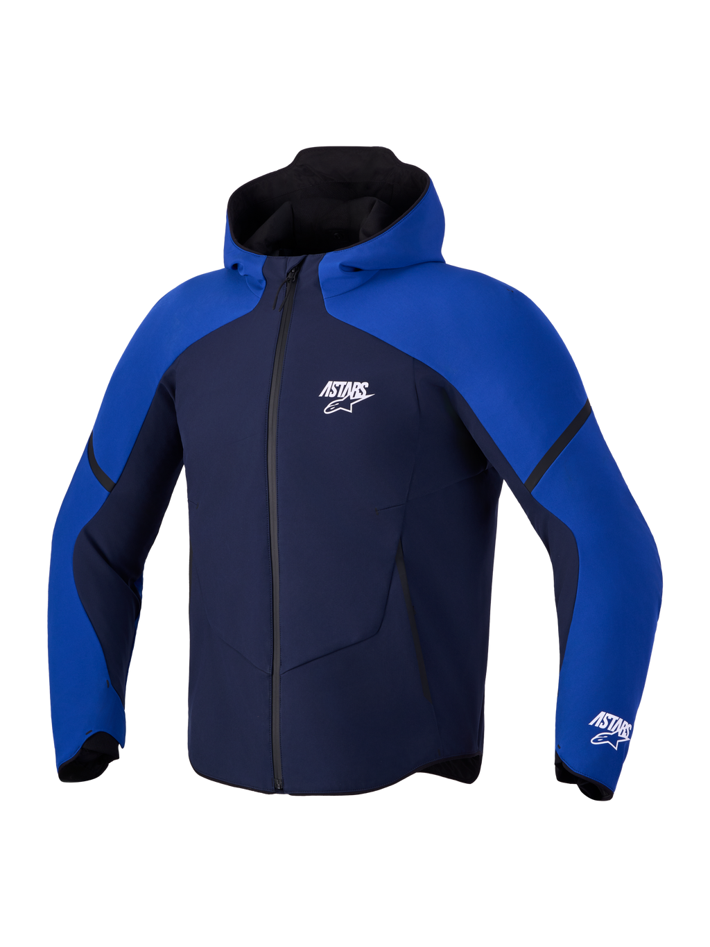 Alpinestars Aeroshell Wp jacka, mörkblå och klarblå vattentät motorcykeljacka med huva, CE-certifierad sport softshell-huvtröja