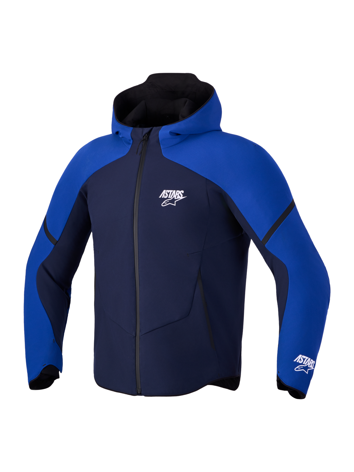 Alpinestars Aeroshell Wp jacka, mörkblå och klarblå vattentät motorcykeljacka med huva, CE-certifierad sport softshell-huvtröja