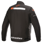 Alpinestars T-SP S Ignition Waterproof Jacket, Motorcycle Jacket, Black White and Red Fluo, back view featuring a white and fluorescent red horizontal stripe across the shoulders, Alpinestars logo on the collar and lower back, durable textile construction for urban riding.