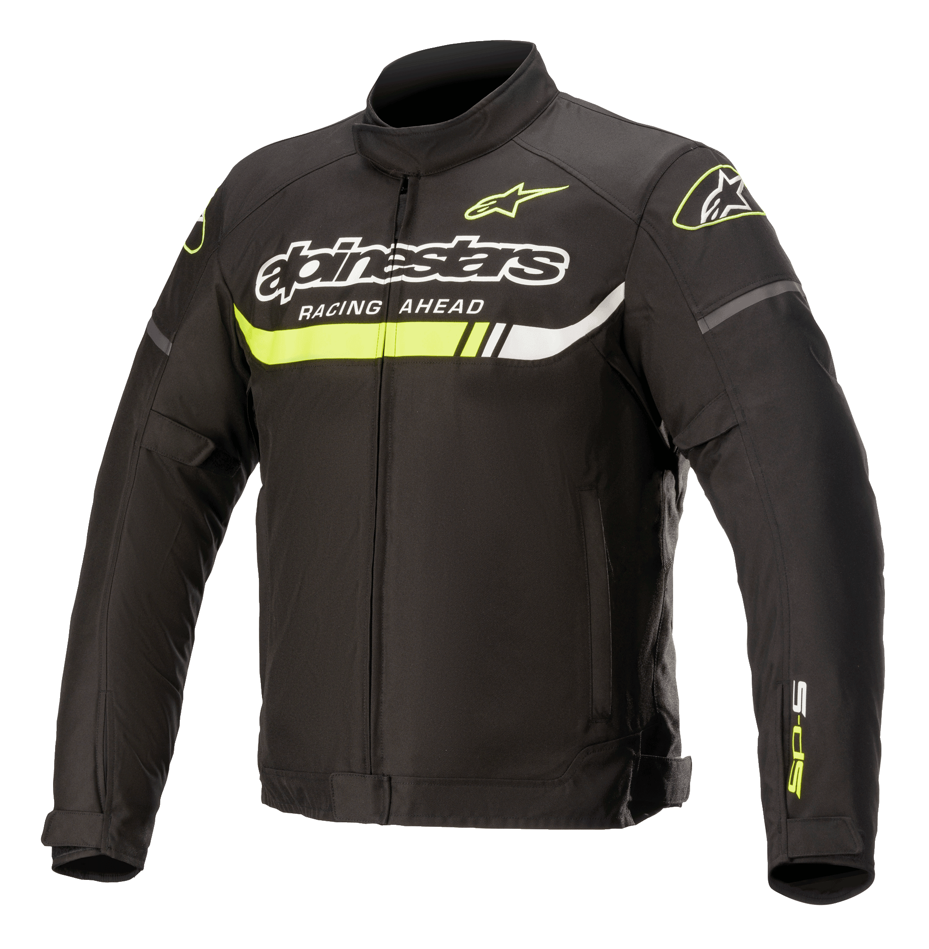 Alpinestars T-SP S Ignition Waterproof Jacket, textile motorcycle jacket, Black with Yellow Fluo and White accents, featuring bold Alpinestars branding and 'Racing Ahead' text on the chest, a neon yellow horizontal stripe, and a sleek racing-inspired design.