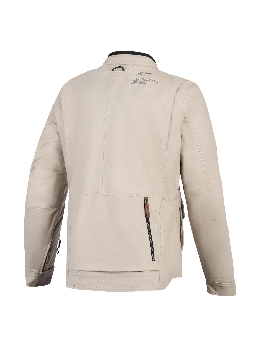 Alpinestars Borrego Drystar® jacka, motorcykeljacka, varmgrå, baksida med ett stort bakre fack med dragkedja, hållbar konstruktion i textilcanvas med Alpinestars-logotyp på axeln, äventyrsklar design