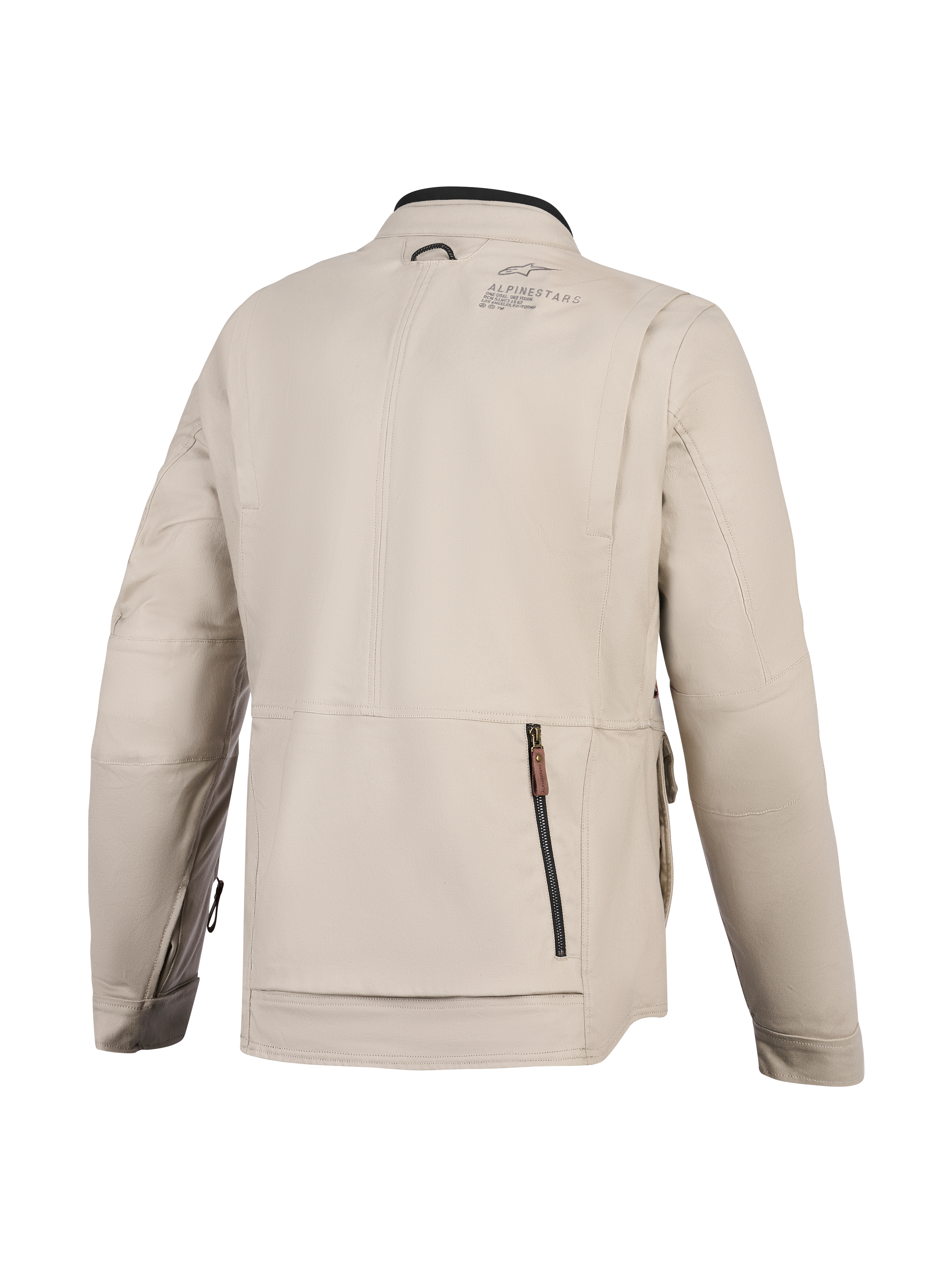 Alpinestars Borrego Drystar® jacka, motorcykeljacka, varmgrå, baksida med ett stort bakre fack med dragkedja, hållbar konstruktion i textilcanvas med Alpinestars-logotyp på axeln, äventyrsklar design
