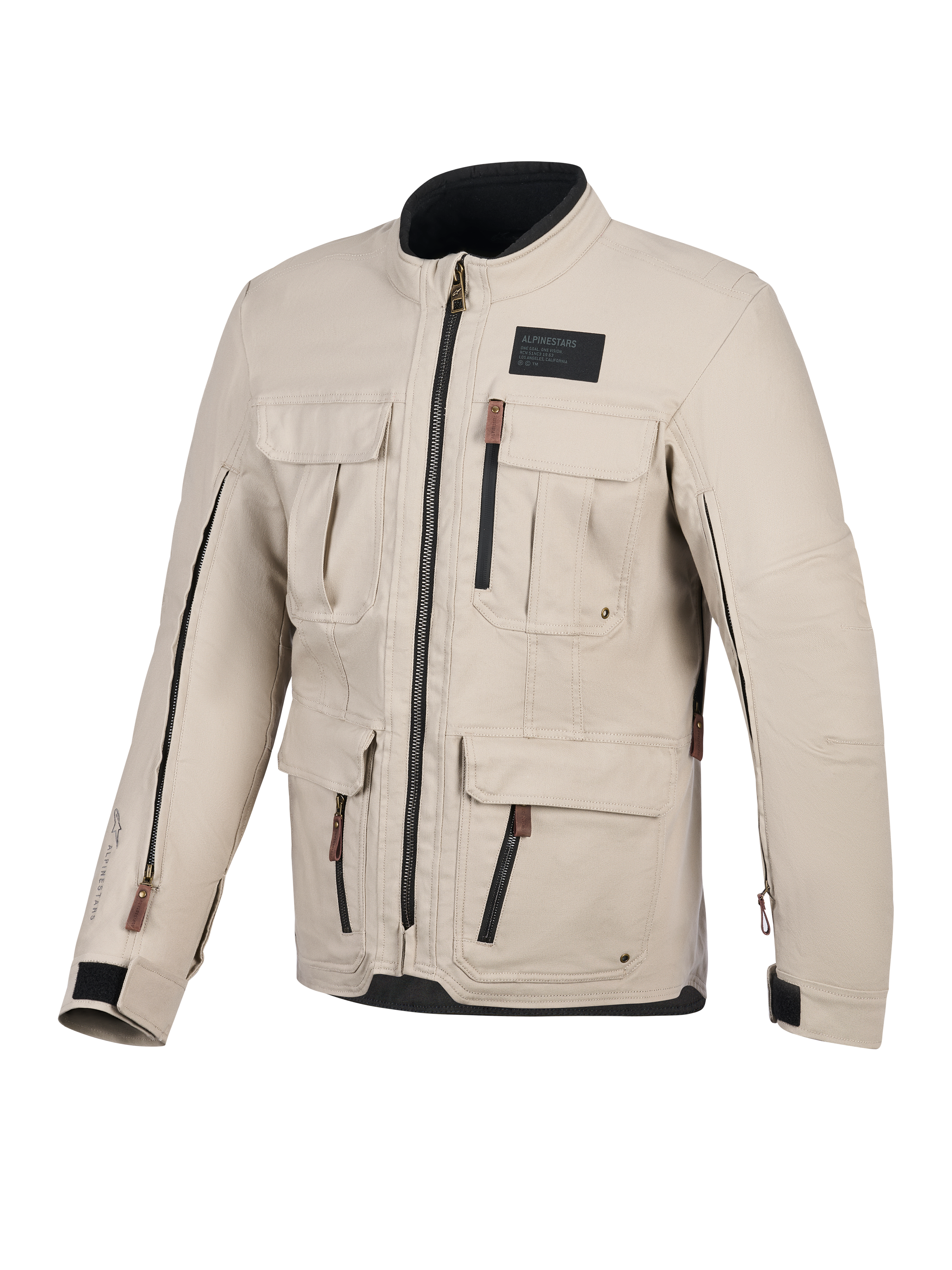 Alpinestars Borrego Drystar®-jacka, motorcykeljacka, varmgrå, vy framifrån med flera cargo-fickor, svarta dragkedjor med bruna dragflikar, vaxad canvas-textur och en svart logotyp-patch på bröstet.