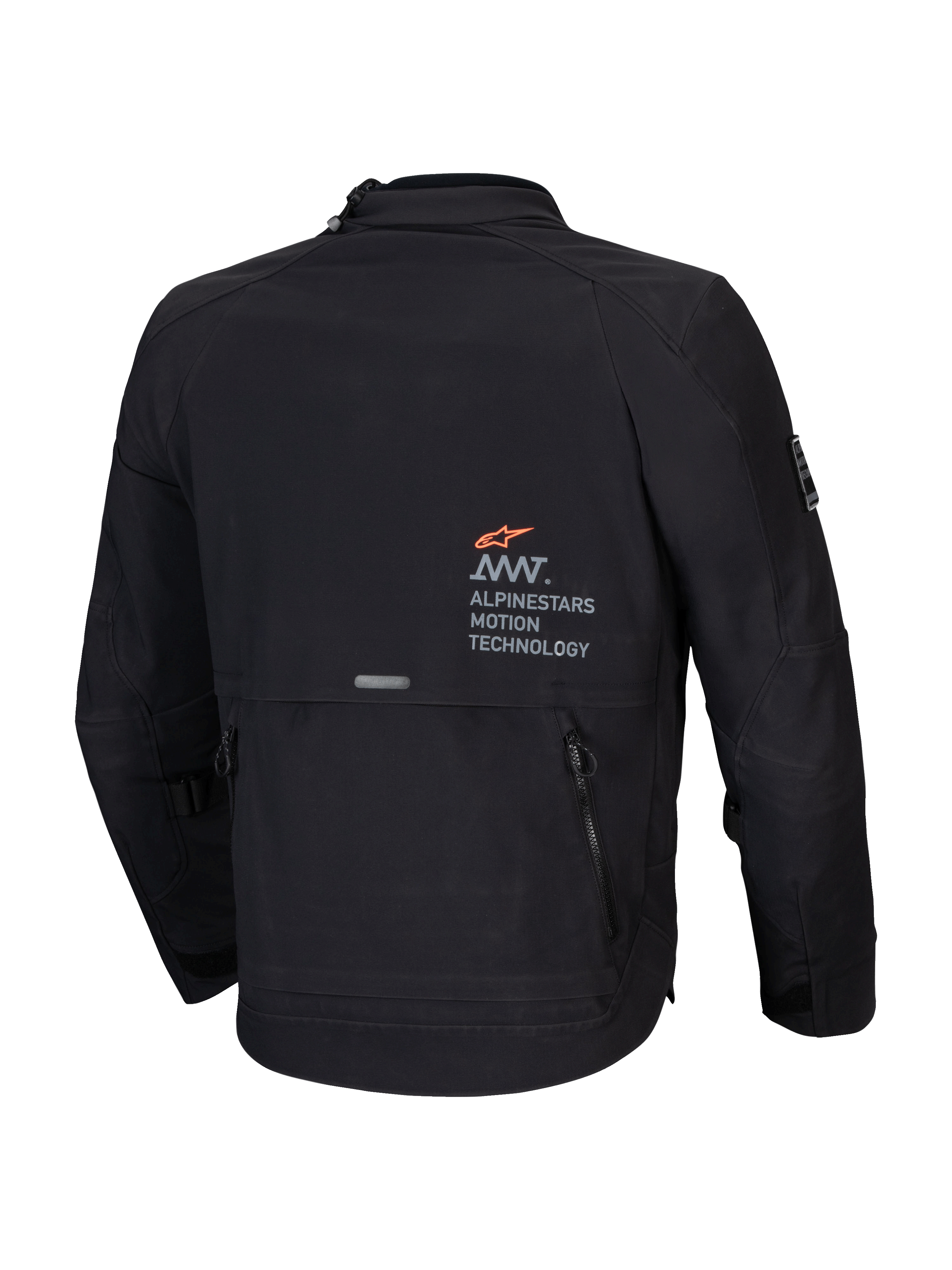 Alpinestars AMT-8 Stretch Drystar XF Jacket, Men's Adventure-Touring Motorcycle Jacket, Black, rear view showing AMT branding and utility cargo pocket