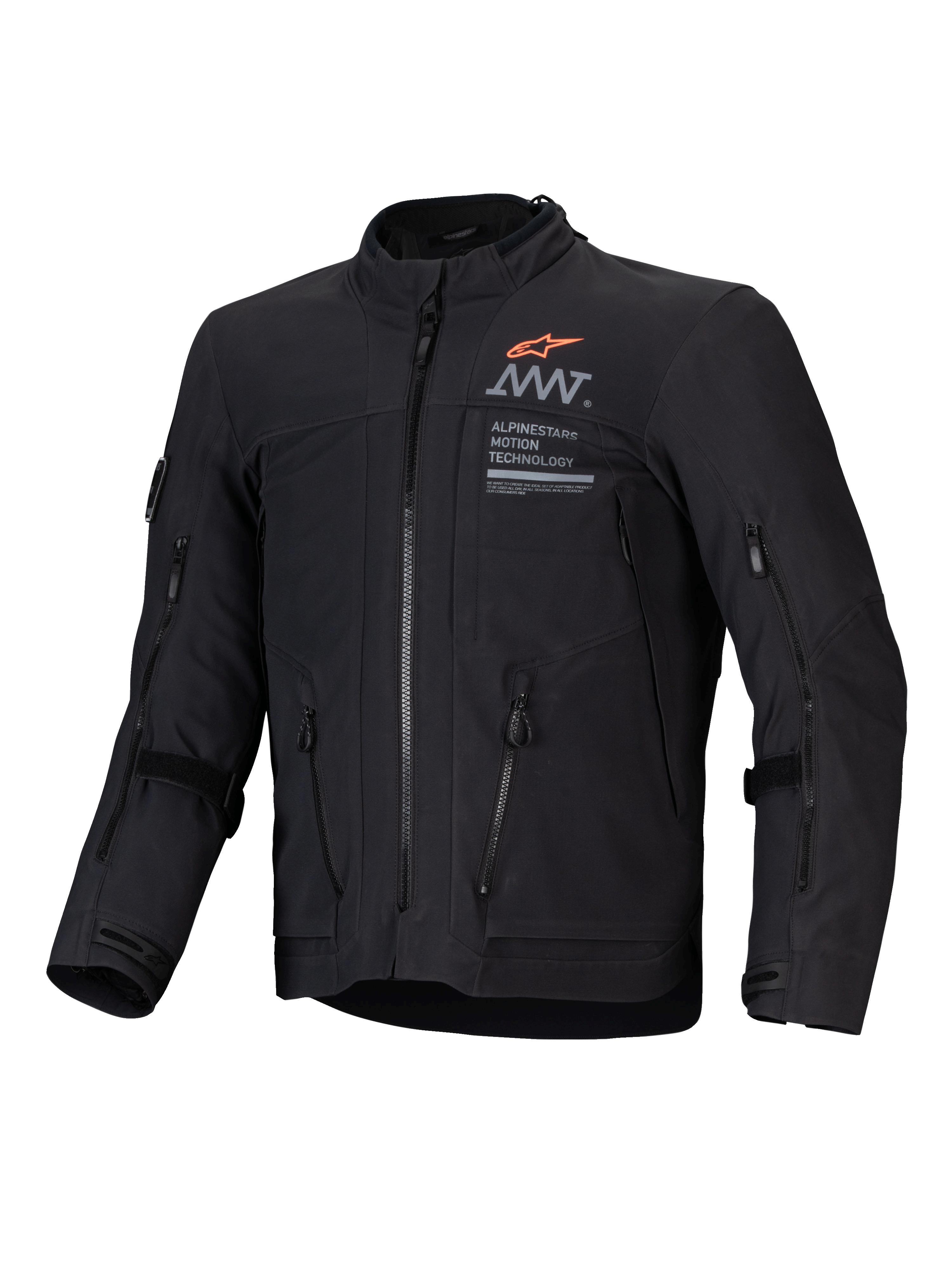 Alpinestars AMT-8 Stretch Drystar XF Jacket, black adventure touring motorcycle jacket with front ventilation ports and branding graphics, CE certified