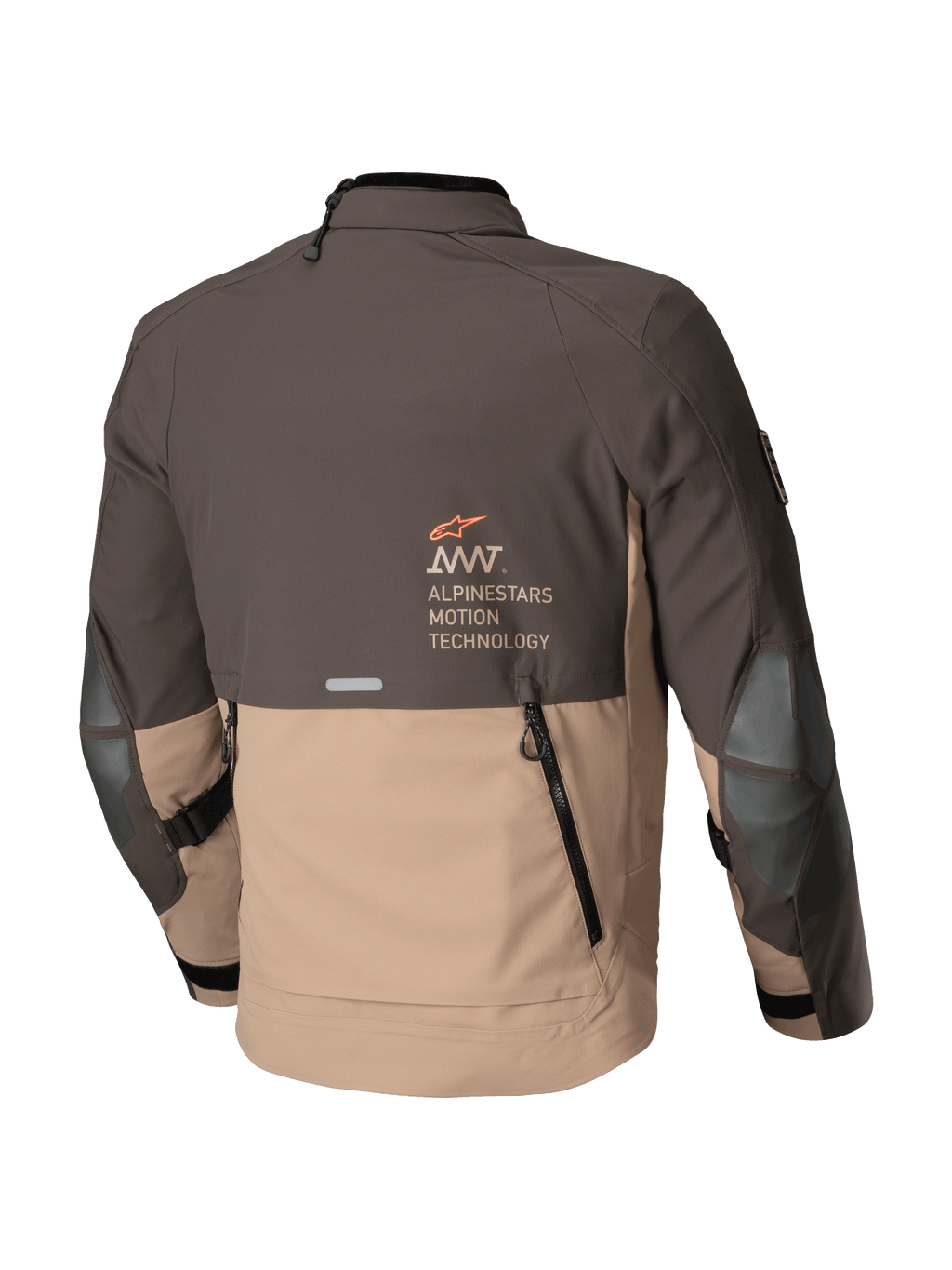 Alpinestars AMT-8 Stretch Drystar® XF jacka, äventyrstouring-motorcykeljacka, mörkbrun och mörk khaki, bakvy med ventilationsöppning och Alpinestars Motion Technology-logotyp