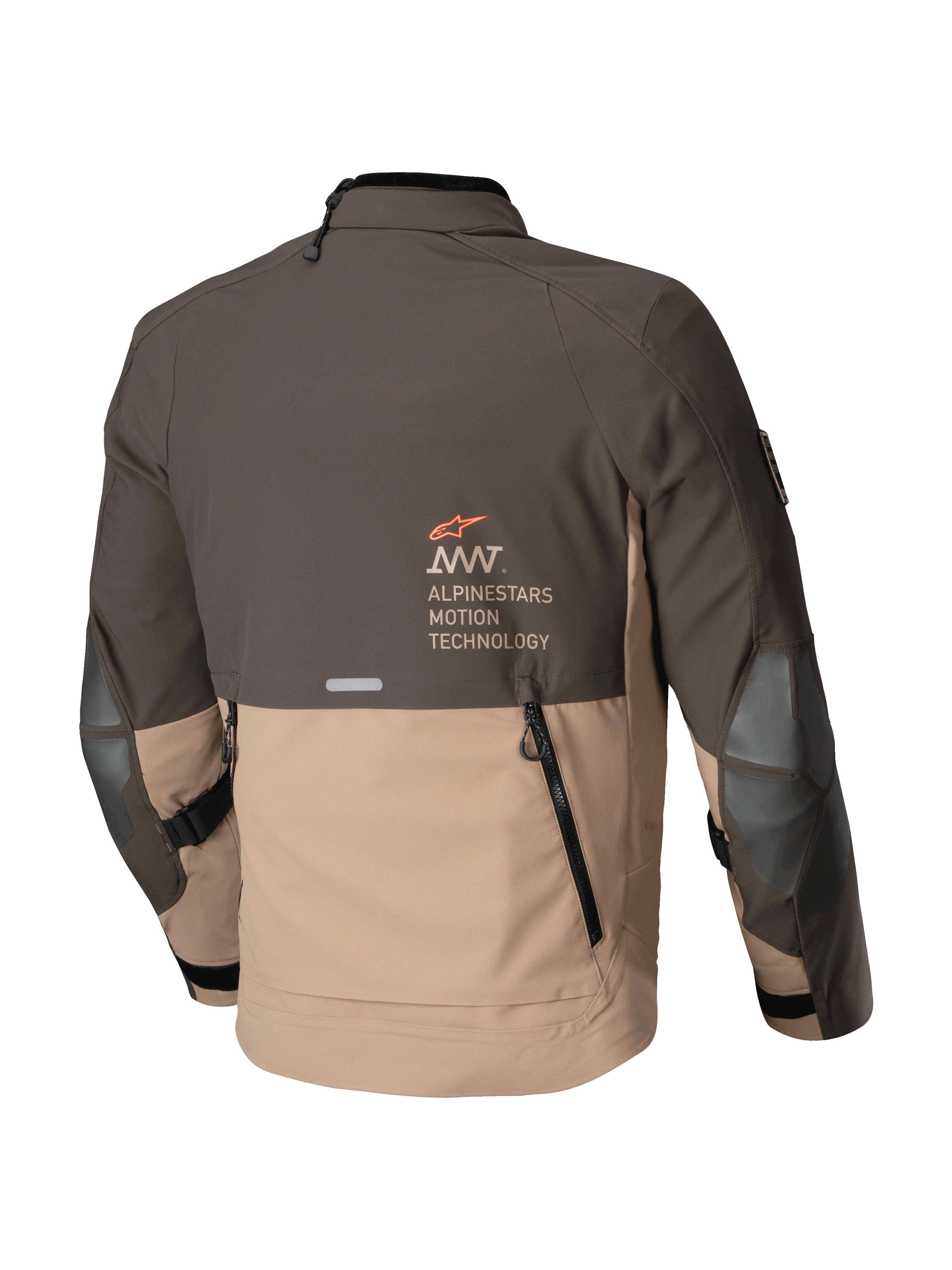 Alpinestars AMT-8 Stretch Drystar® XF jacka, äventyrstouring-motorcykeljacka, mörkbrun och mörk khaki, bakvy med ventilationsöppning och Alpinestars Motion Technology-logotyp