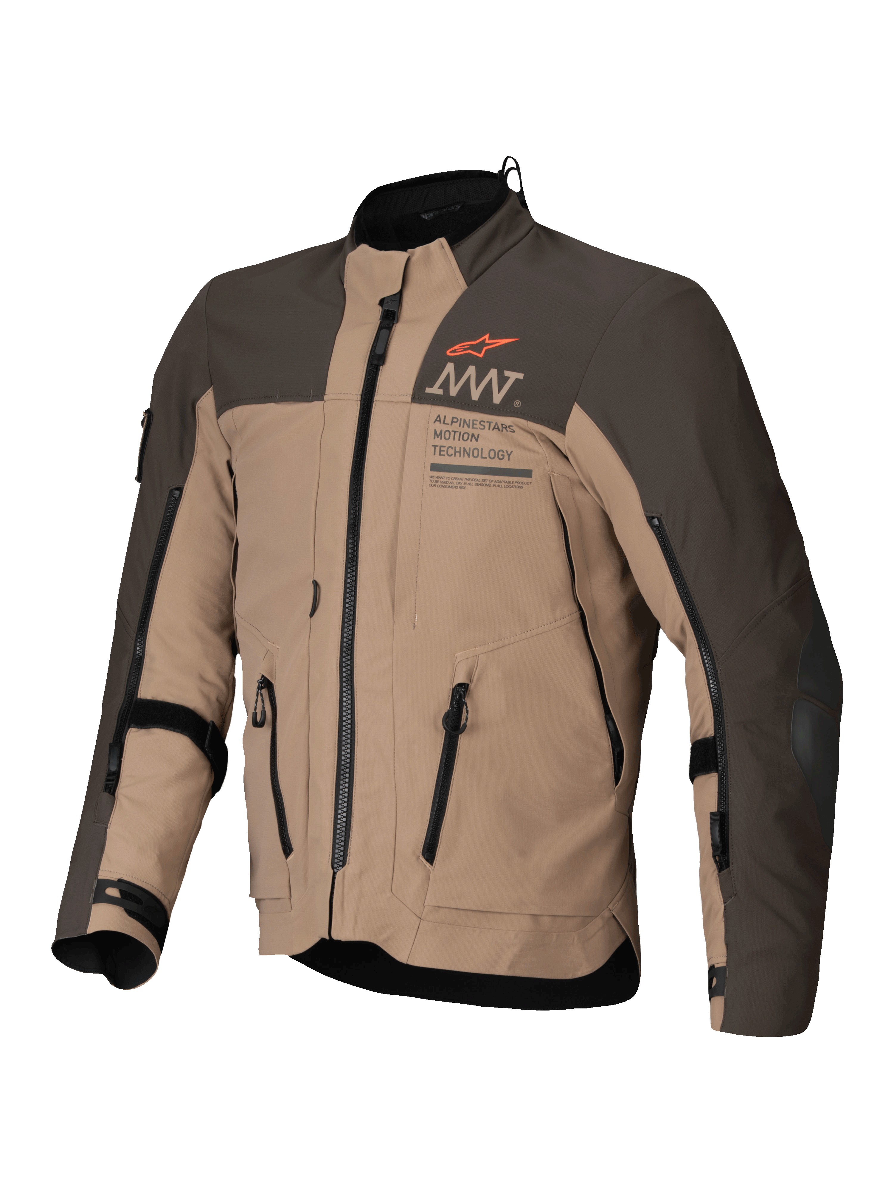 Alpinestars AMT-8 Stretch Drystar® XF jacka, äventyrstouring motorcykeljacka i mörkbrun och mörk khaki, CE-certifierad AA-klass med stretchkonstruktion och ventilation