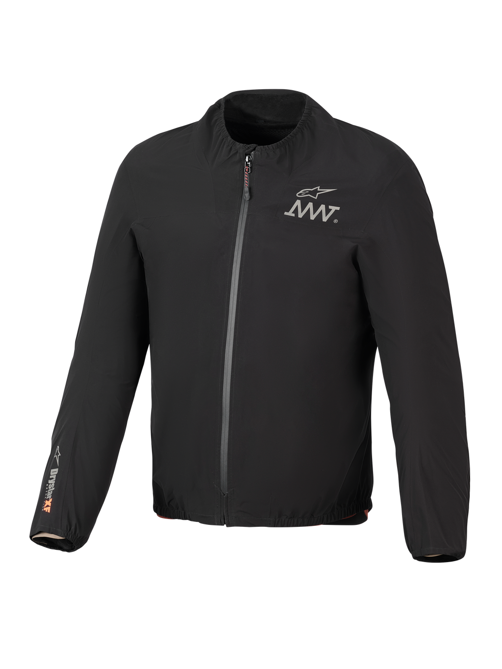 Alpinestars AMT-8 Stretch Drystar® XF jackfoder, svart, lätt vattentät stretchjacka, dragkedja framtill, AMT-logotyp på bröstet, Drystar® XF-logotyp på höger ärm, elastisk krage och ärmslut