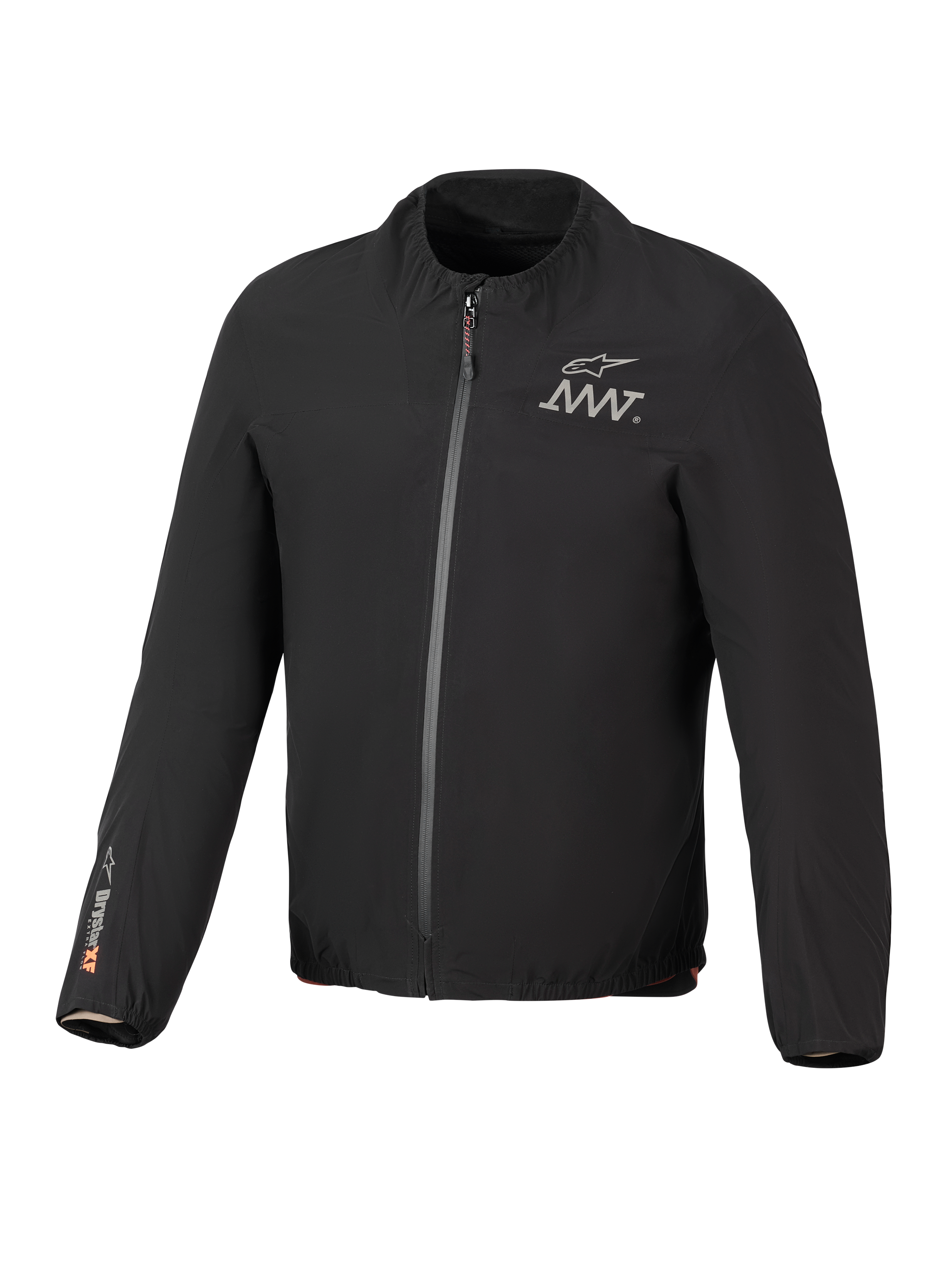 Alpinestars AMT-8 Stretch Drystar® XF jackfoder, svart, lätt vattentät stretchjacka, dragkedja framtill, AMT-logotyp på bröstet, Drystar® XF-logotyp på höger ärm, elastisk krage och ärmslut