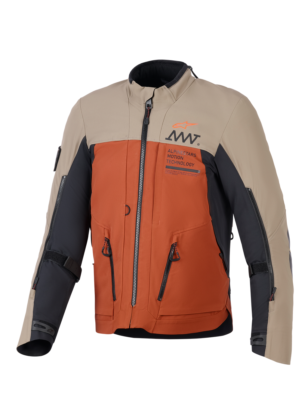 Alpinestars AMT-8 Stretch Drystar® XF Jacka, äventyrsmotorcykeljacka, färgsättningen Walnut Rust Black med beigea övre paneler, rostorange torso och svarta detaljer, framträdande ventilationsdragkedjor och AMT-logotyp på bröstet