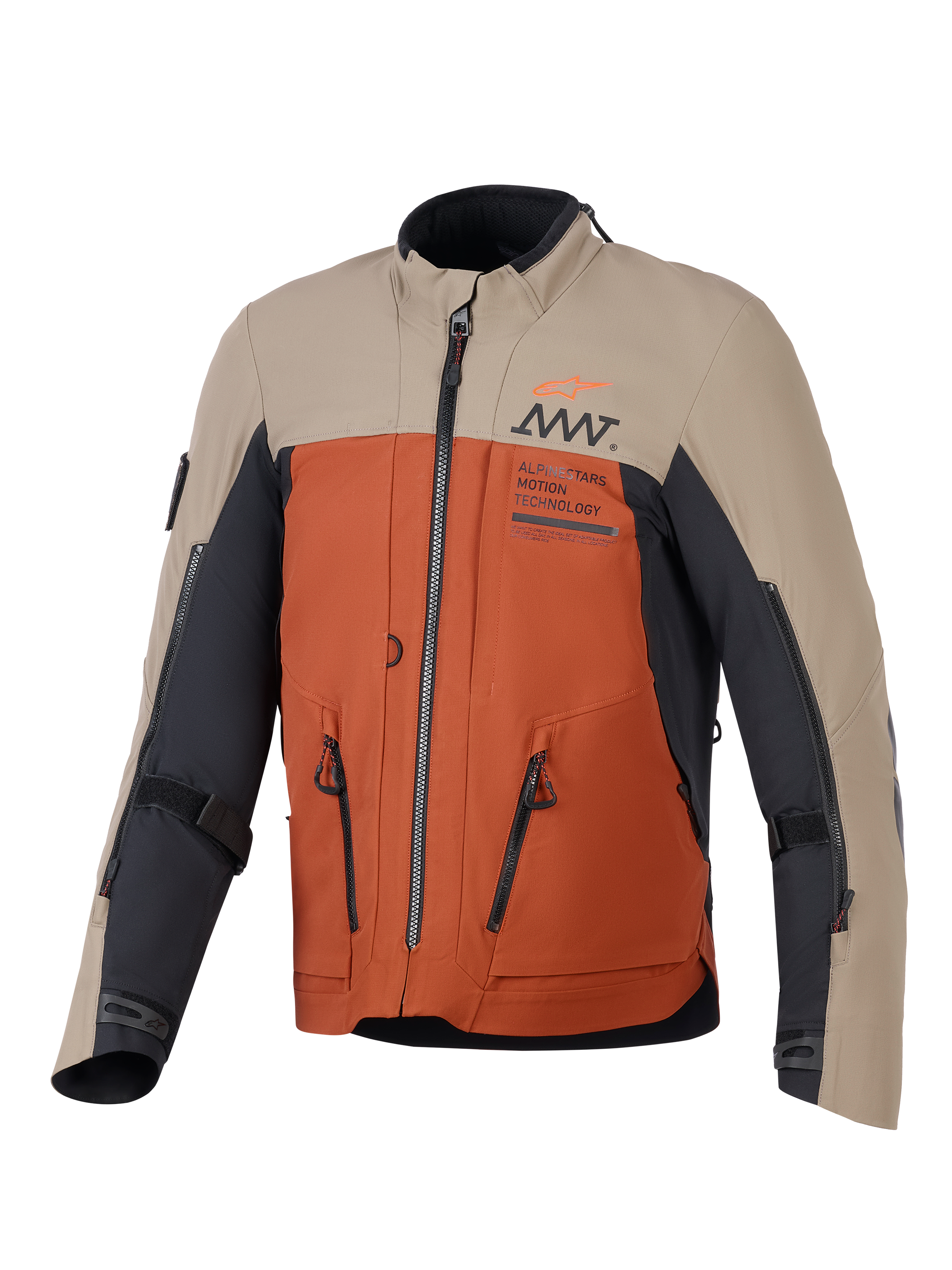 Alpinestars AMT-8 Stretch Drystar® XF Jacka, äventyrsmotorcykeljacka, färgsättningen Walnut Rust Black med beigea övre paneler, rostorange torso och svarta detaljer, framträdande ventilationsdragkedjor och AMT-logotyp på bröstet