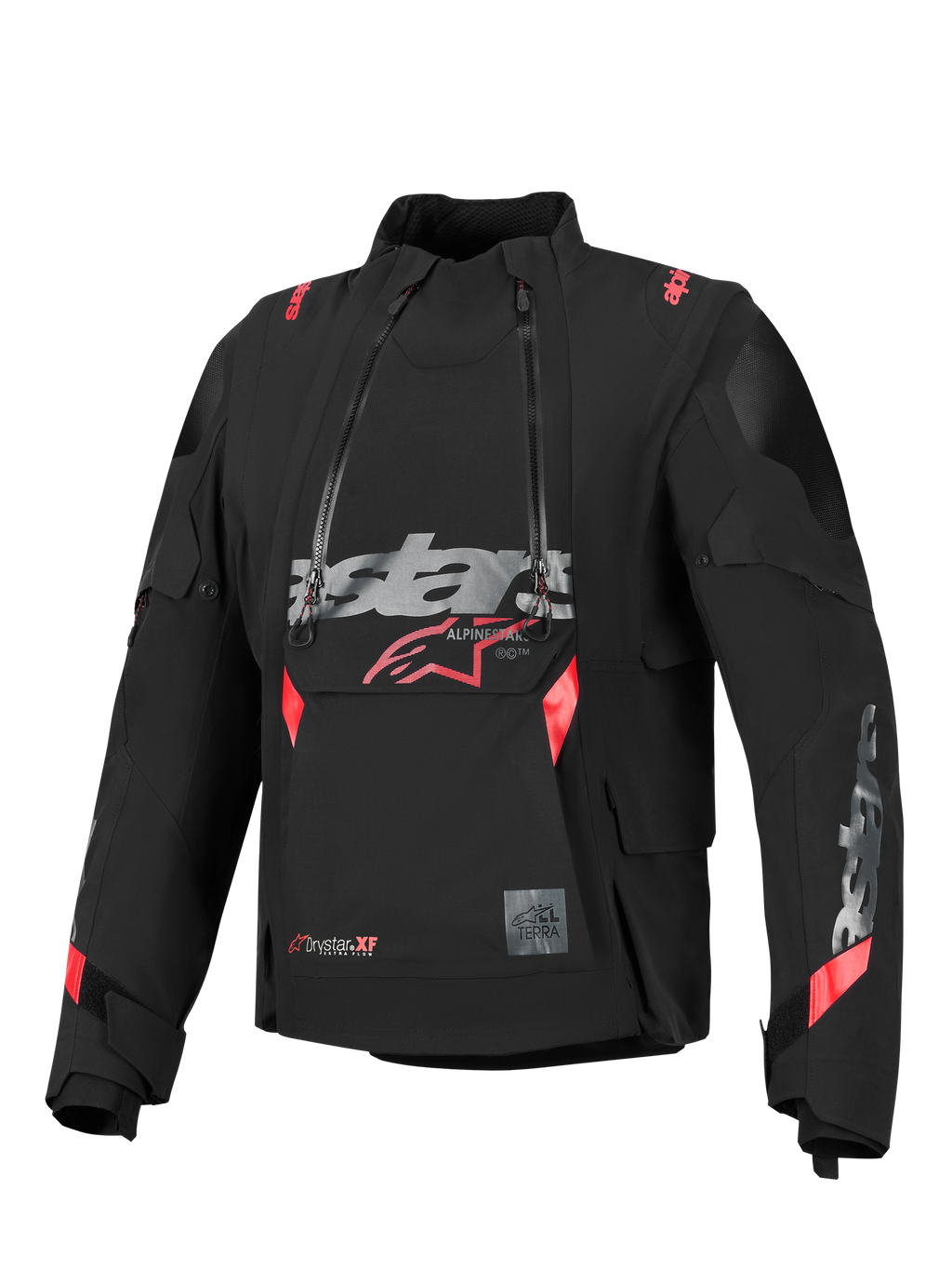 Alpinestars Halo Pro Drystar® XF Laminerad Jacka, svart med röda och grå detaljer, med dubbla asymmetriska vattentäta dragkedjor framtill, en stor logotyp på bröstet och en modulär teknisk textilkonstruktion för äventyrskörning.