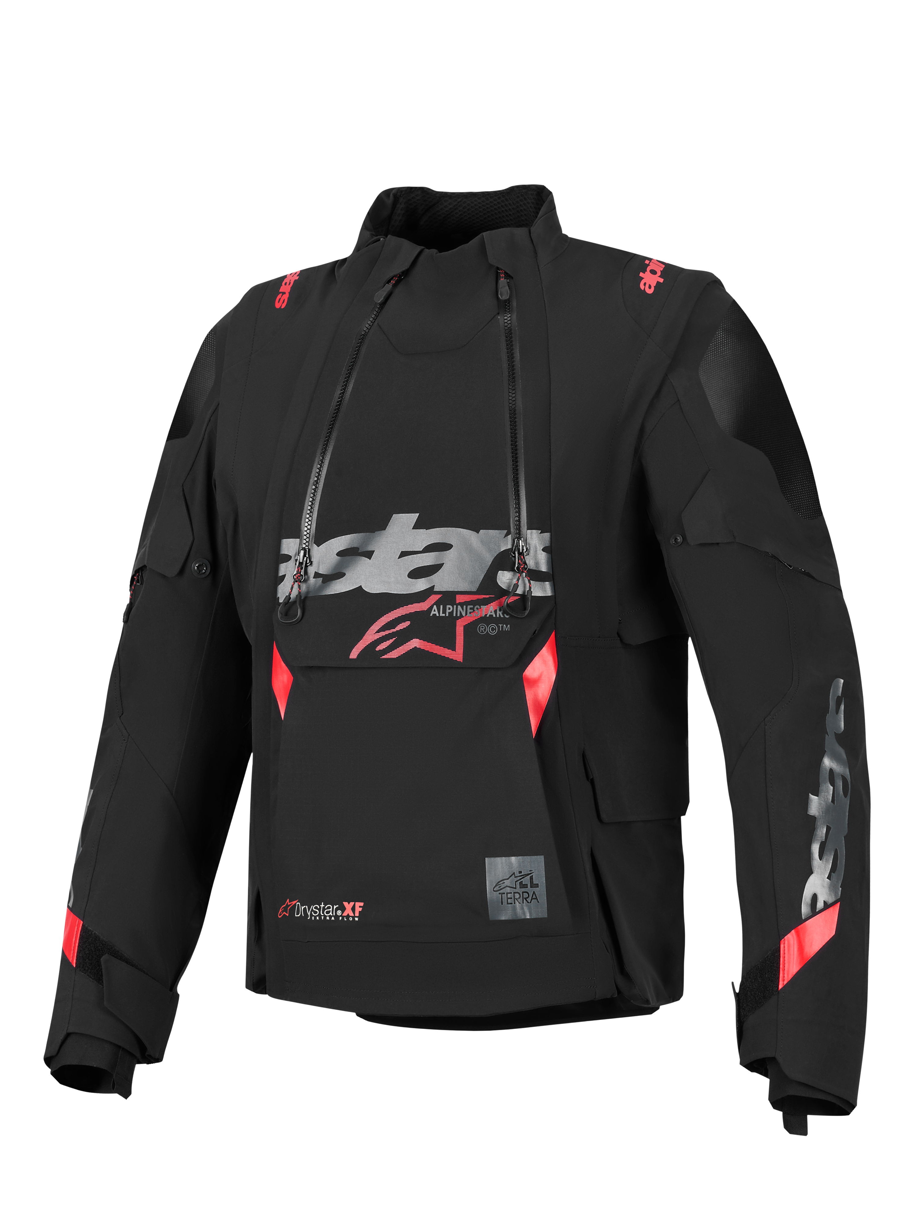 Alpinestars Halo Pro Drystar® XF Laminerad Jacka, svart med röda och grå detaljer, med dubbla asymmetriska vattentäta dragkedjor framtill, en stor logotyp på bröstet och en modulär teknisk textilkonstruktion för äventyrskörning.