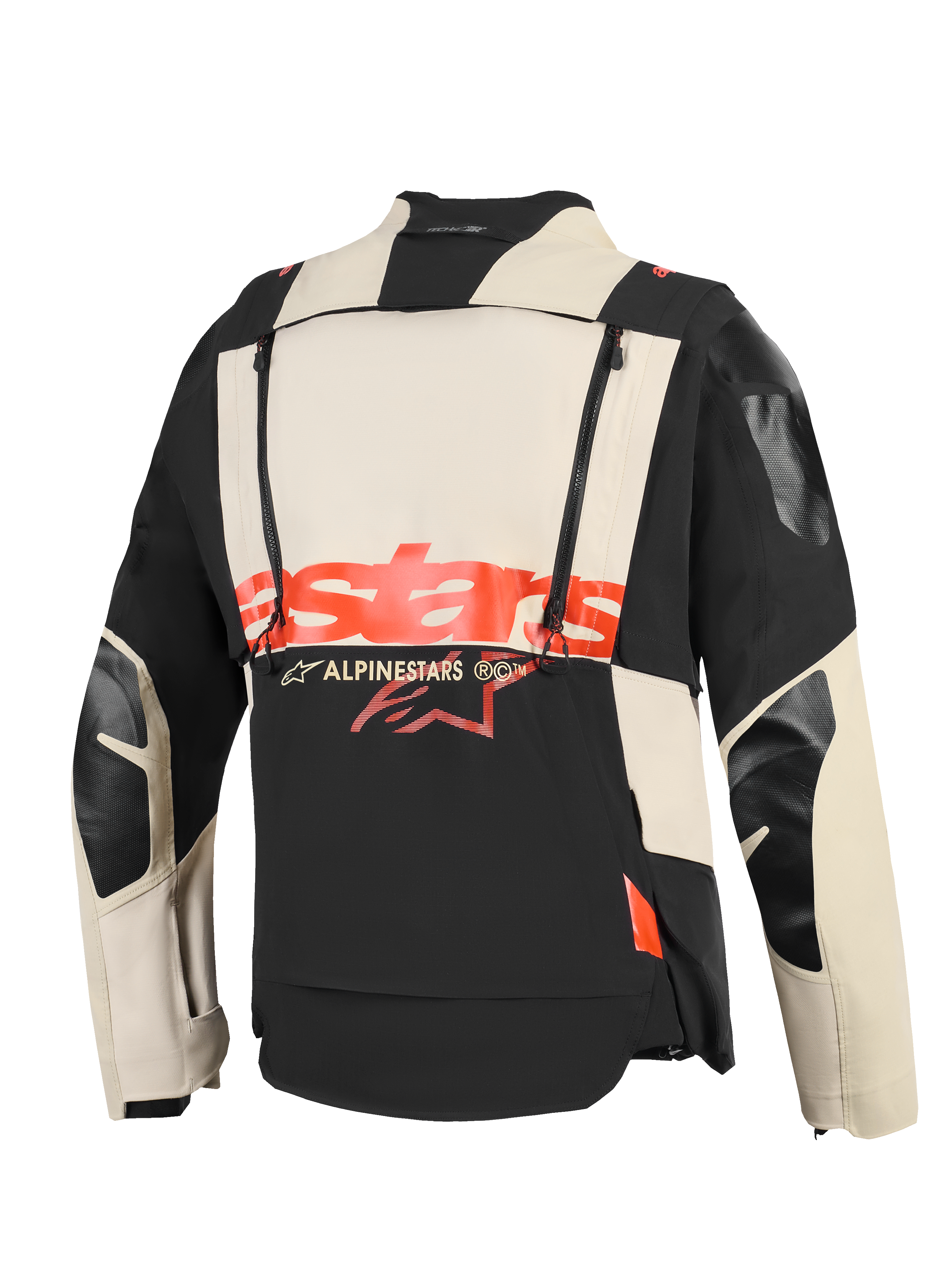 Alpinestars Halo Pro Drystar® XF Laminerad Jacka, vy bakifrån, textilkonstruktion i Mastic Black och creme, framträdande röd 'stars'-logotyp över mitten, dubbla vertikala dragkedjor för modulär ventilation, tekniska äventyrskläder för motorcykel