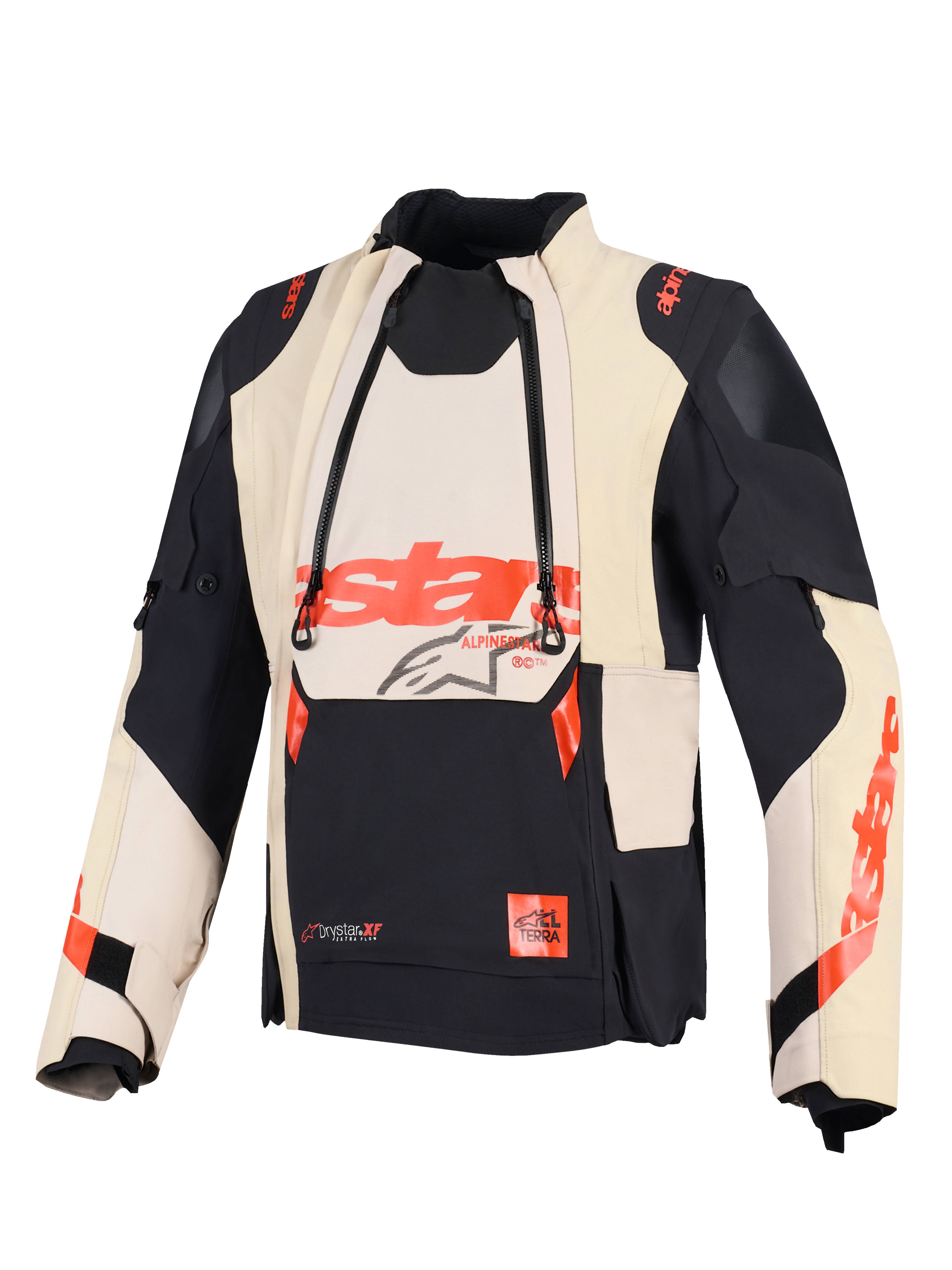 Alpinestars Halo Pro Drystar® XF laminerad jacka, äventyrsjacka för motorcykel, Mastic Black, med modulära ventilationspaneler fram och röd Alpinestars-logotyp, teknisk textilkonstruktion för mångsidig terrängkörning