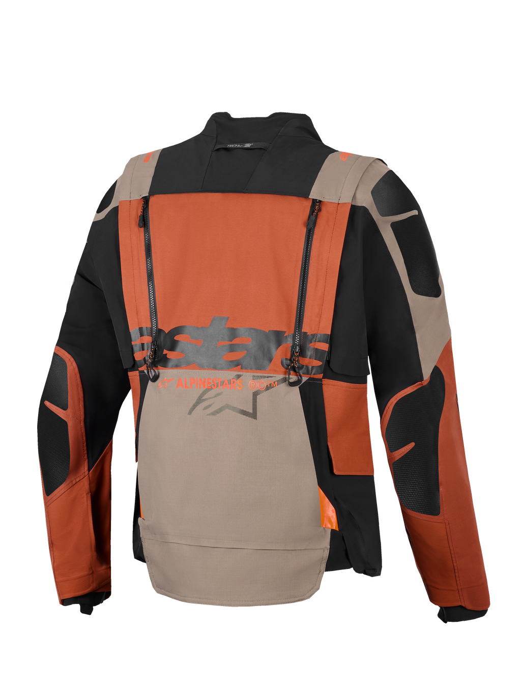 Alpinestars Halo Pro Drystar® XF laminerad jacka, motorcykeljacka för äventyr, Walnut Rust Black, vy bakifrån med vertikala ventilationsdragkedjor, stor Alpinestars-logotyp över mitten och hållbar ripstop-textilkonstruktion