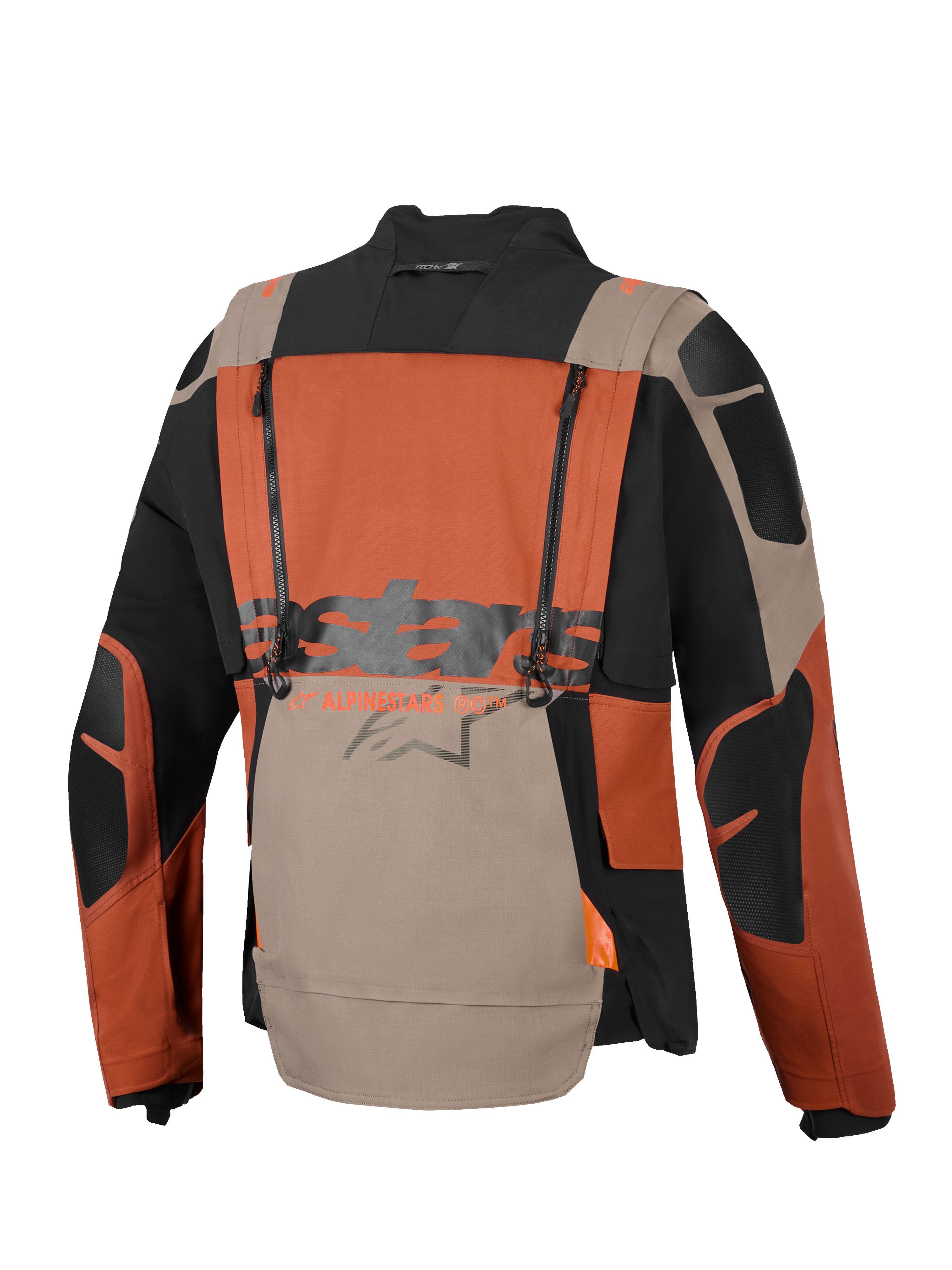 Alpinestars Halo Pro Drystar® XF laminerad jacka, motorcykeljacka för äventyr, Walnut Rust Black, vy bakifrån med vertikala ventilationsdragkedjor, stor Alpinestars-logotyp över mitten och hållbar ripstop-textilkonstruktion