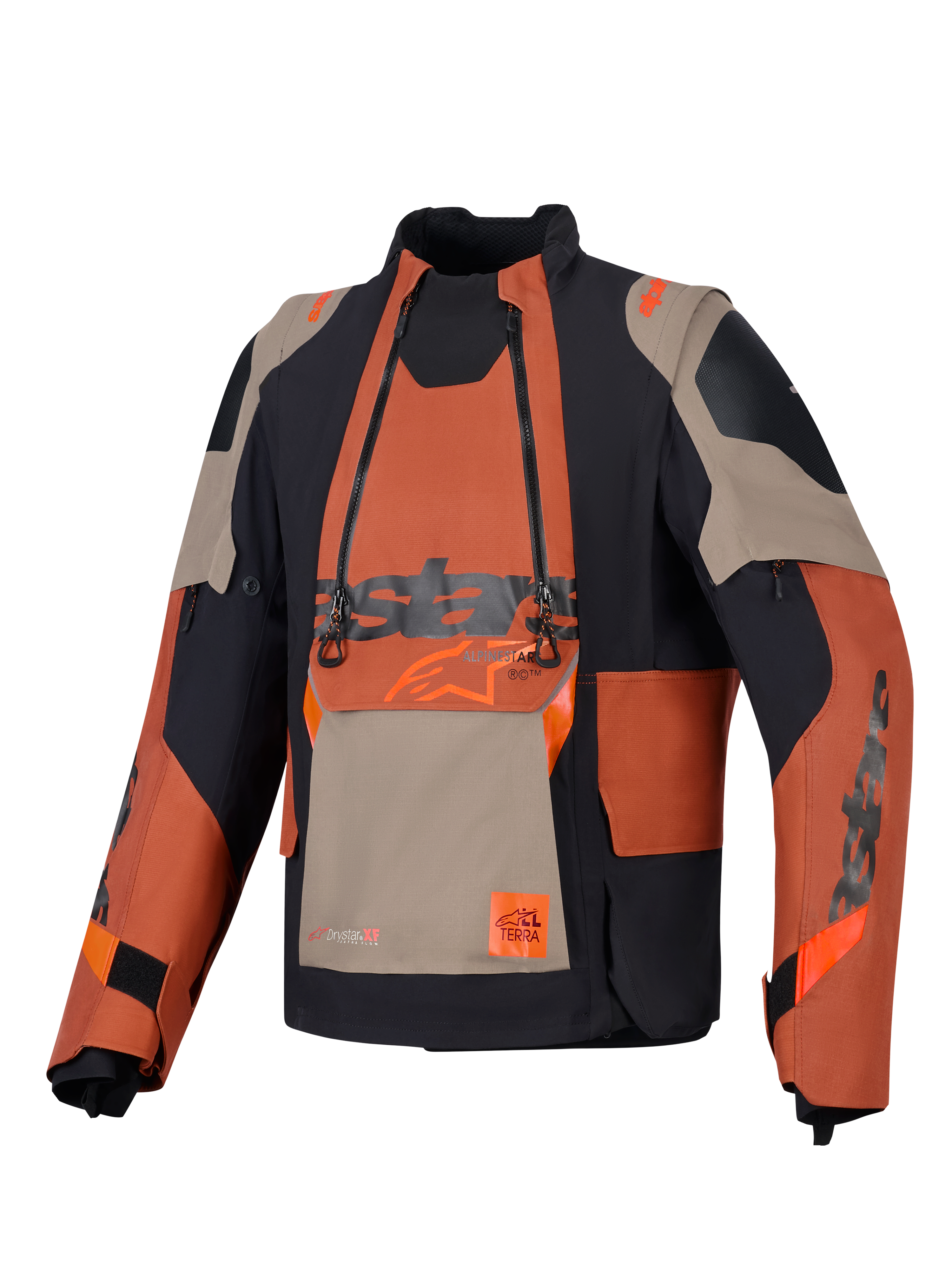 Alpinestars Halo Pro Drystar® XF laminerad jacka, äventyrsjacka för motorcykel, Walnut Rust Black, frontvy med modulär bröstpanel med dubbla vattentäta dragkedjor, robust textilkonstruktion med beigea och orangea paneler.