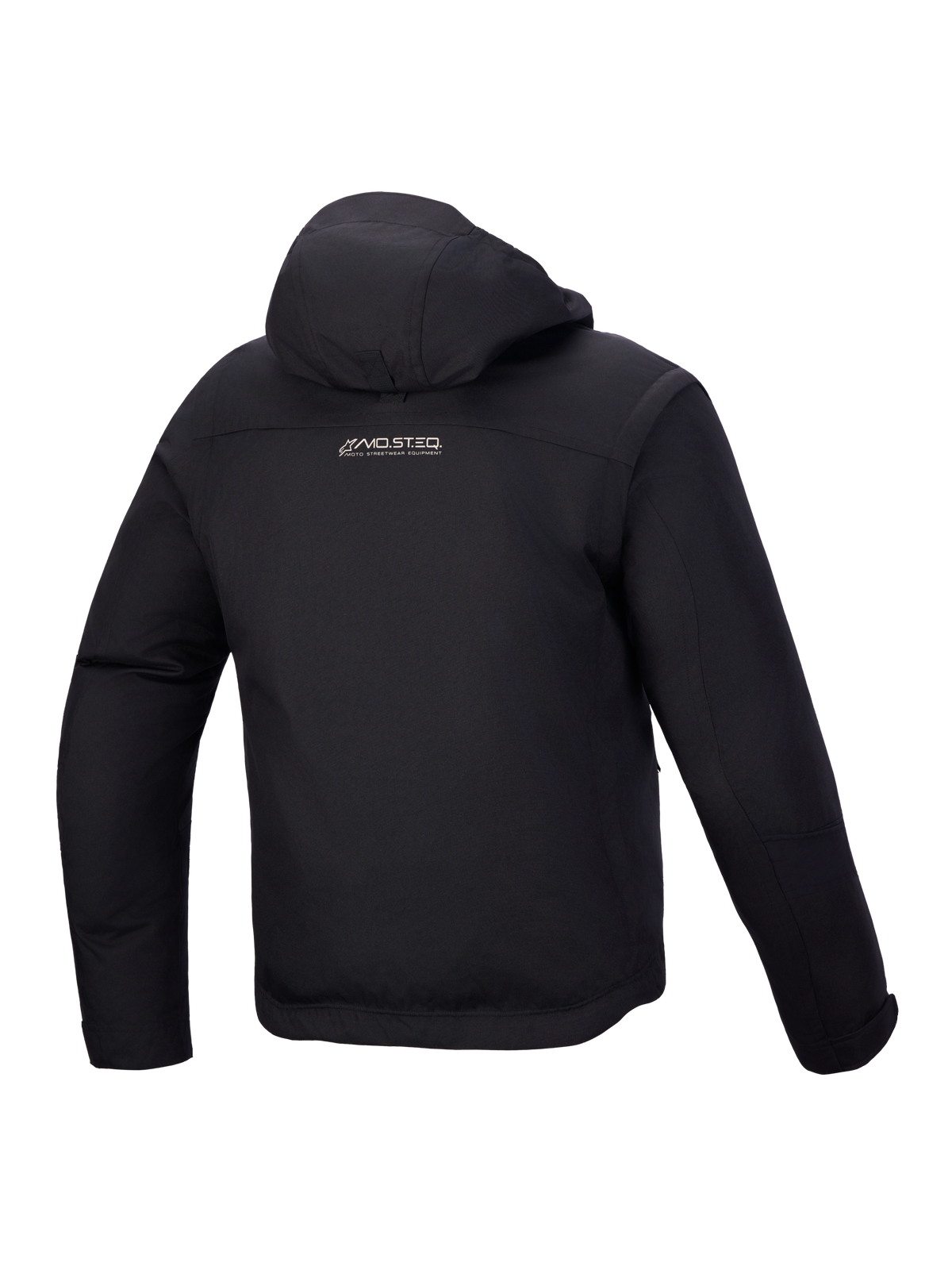 Alpinestars Morfex Parka Waterproof Jacket, Men's Black motorcycle textile jacket, back view showcasing integrated hood and urban streetwear styling