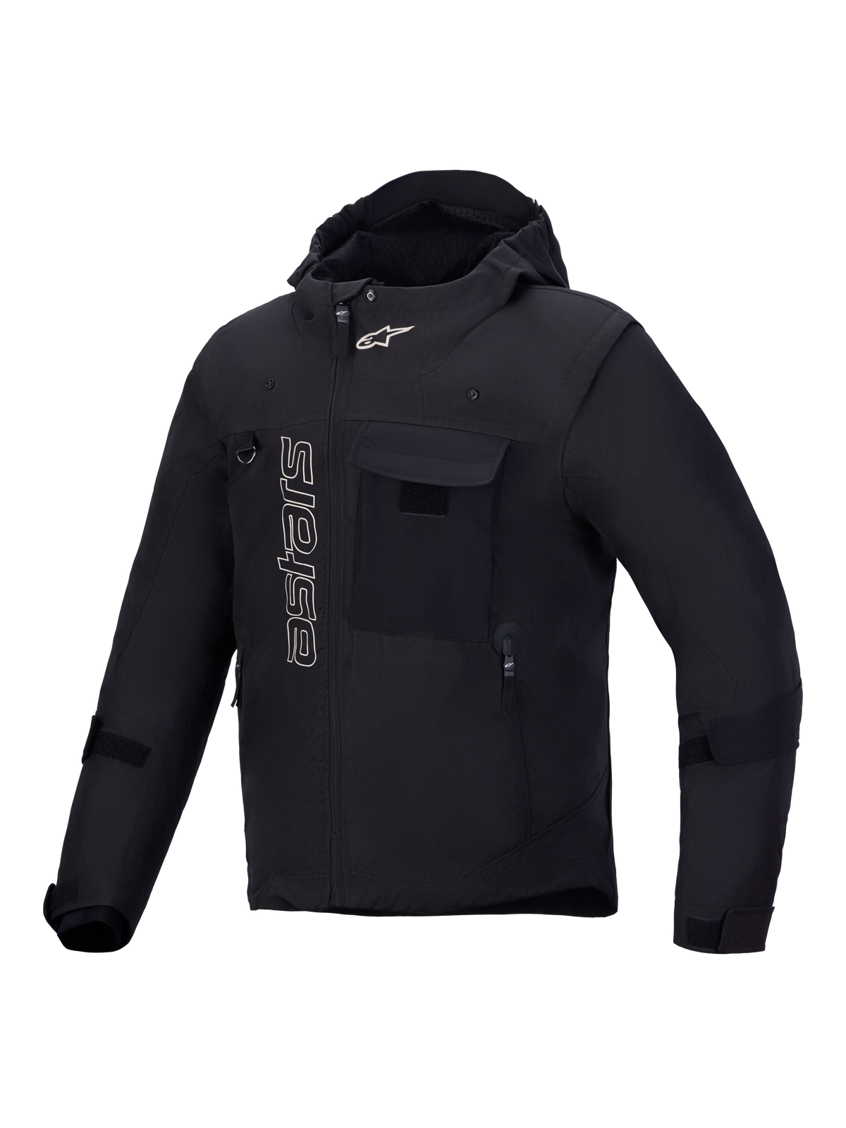 Alpinestars Morfex Parka Waterproof Jacket, Men's Black urban motorcycle textile jacket featuring modular design, integrated hood, chest pockets, and white branding details
