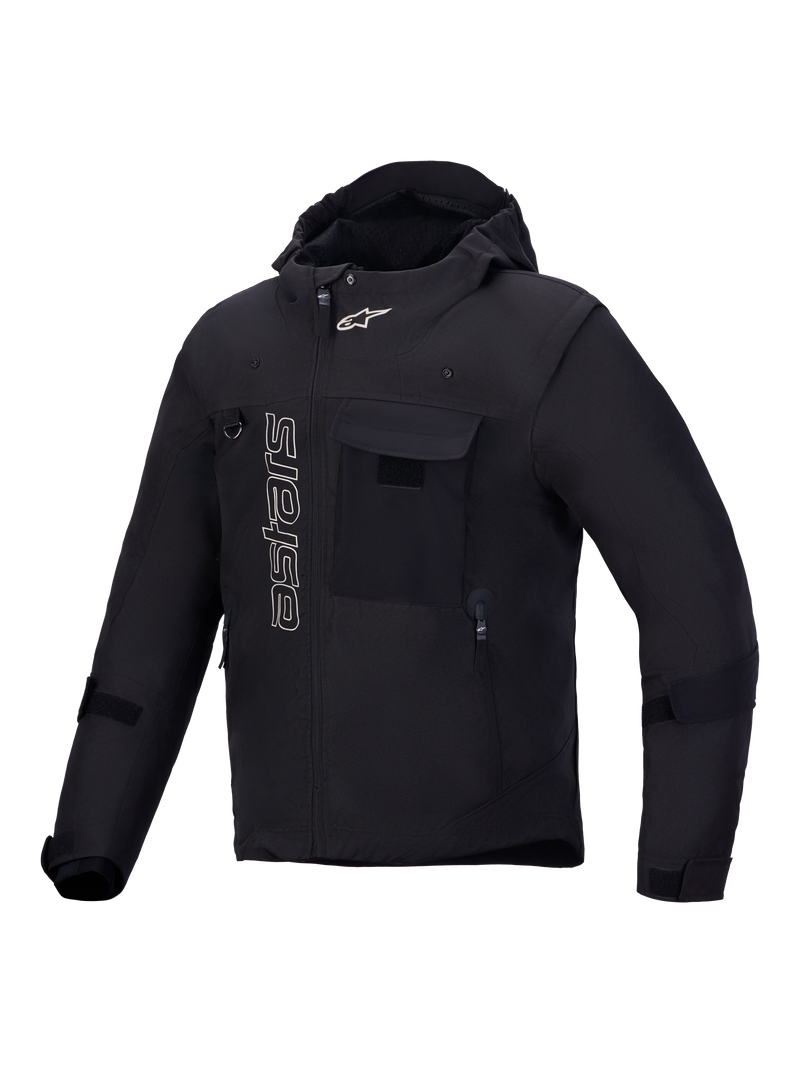 Alpinestars Morfex Parka Waterproof Jacket, Men's Black urban motorcycle textile jacket featuring modular design, integrated hood, chest pockets, and white branding details