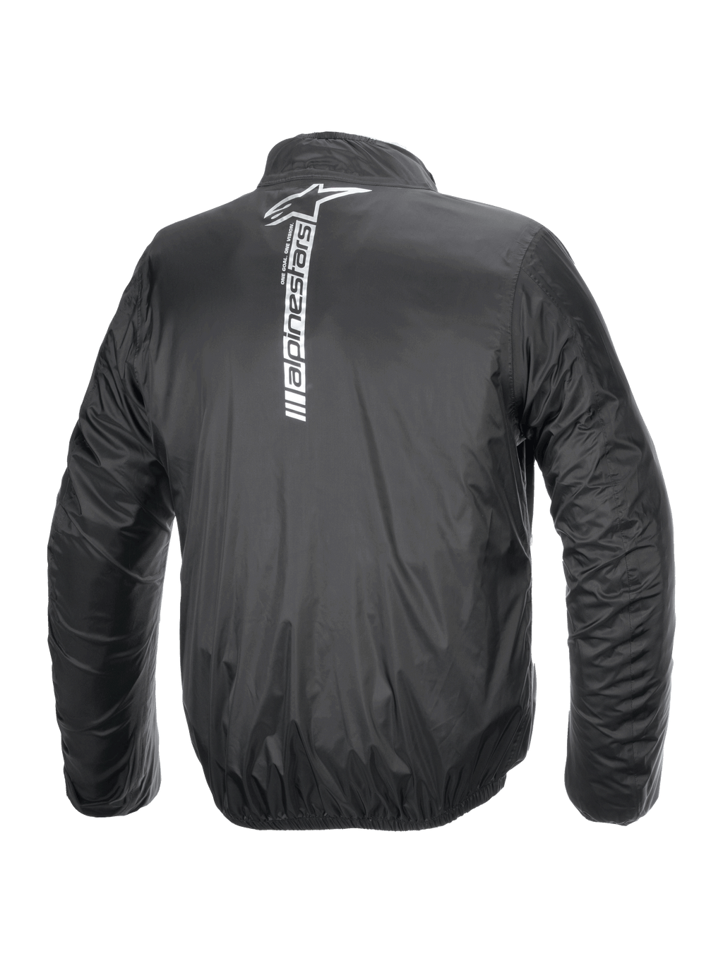 Alpinestars Hurricane Rain V2-jacka, vattentät regnjacka för motorcykel, svart, vy bakifrån med en stor vertikal vit Alpinestars-logotyp och ordmärke mitt på ryggen, lätt laminerat material med elastiska muddar och midja