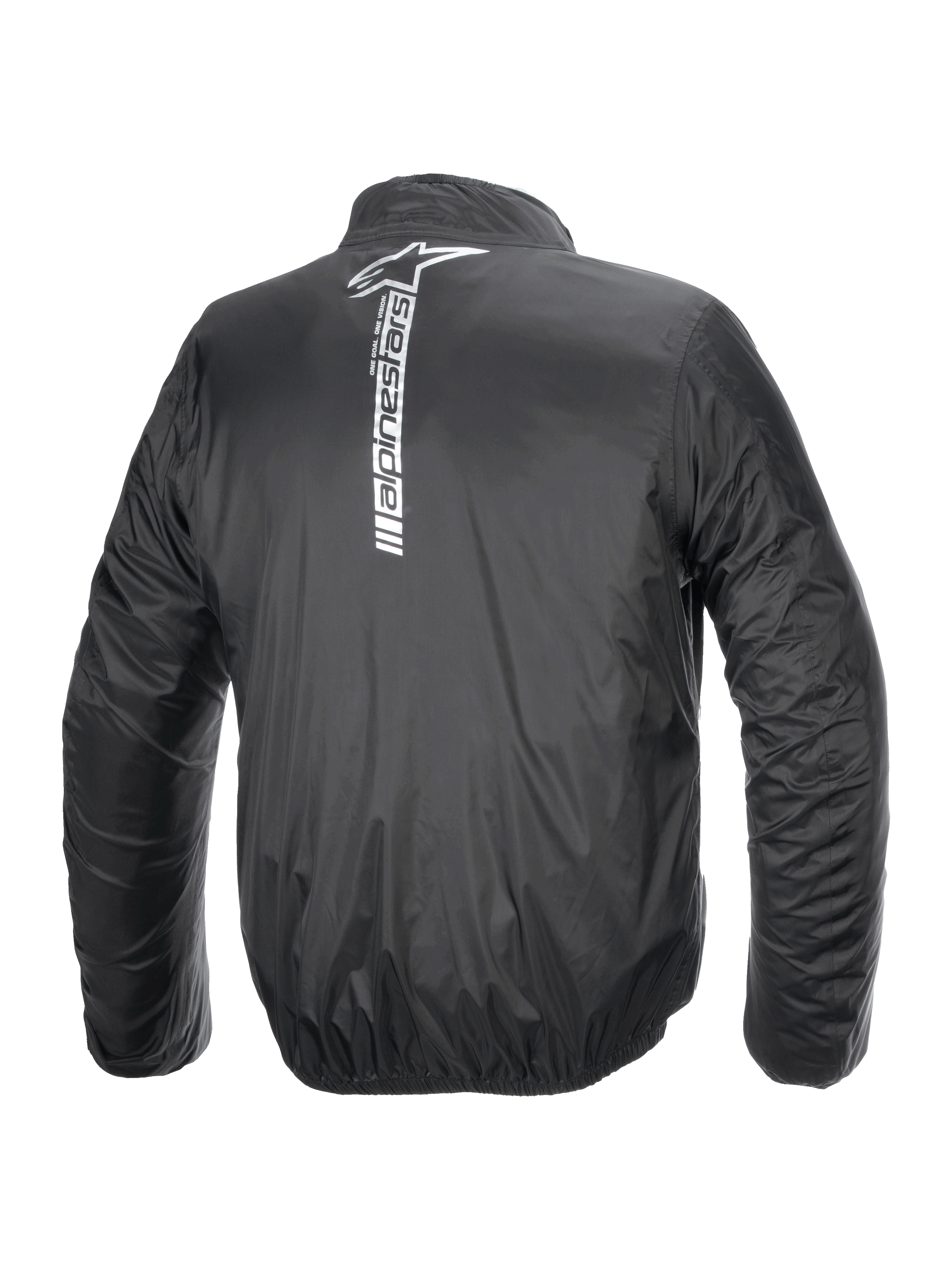 Alpinestars Hurricane Rain V2-jacka, vattentät regnjacka för motorcykel, svart, vy bakifrån med en stor vertikal vit Alpinestars-logotyp och ordmärke mitt på ryggen, lätt laminerat material med elastiska muddar och midja