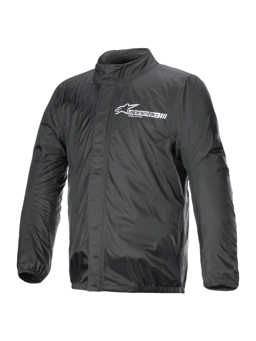 Alpinestars Hurricane Rain V2-jacka, regnjacka för motorcykel, svart, vit Alpinestars-logotyp på bröstet, hög krage, dragkedja fram med skyddande klaff, elastiska muddar och nederkant, vattentätt laminerat material