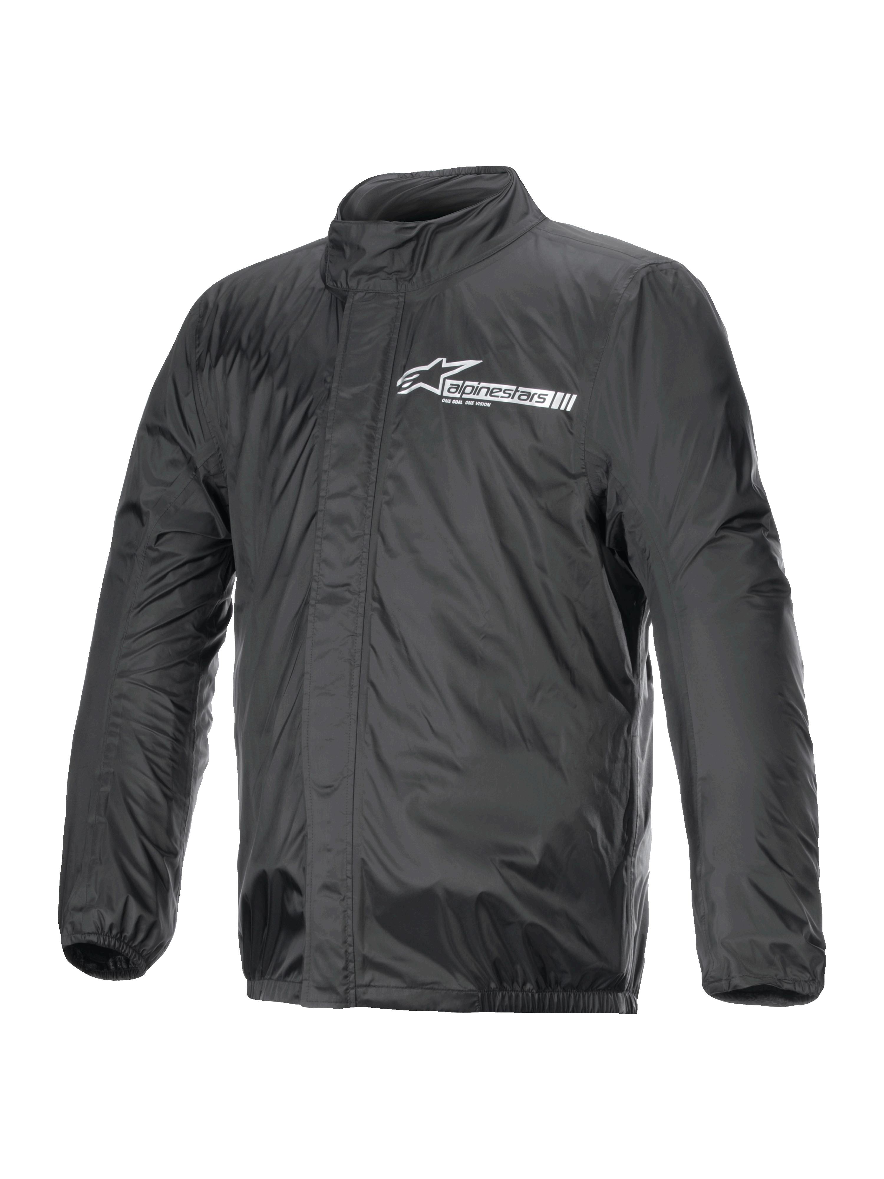 Alpinestars Hurricane Rain V2-jacka, regnjacka för motorcykel, svart, vit Alpinestars-logotyp på bröstet, hög krage, dragkedja fram med skyddande klaff, elastiska muddar och nederkant, vattentätt laminerat material