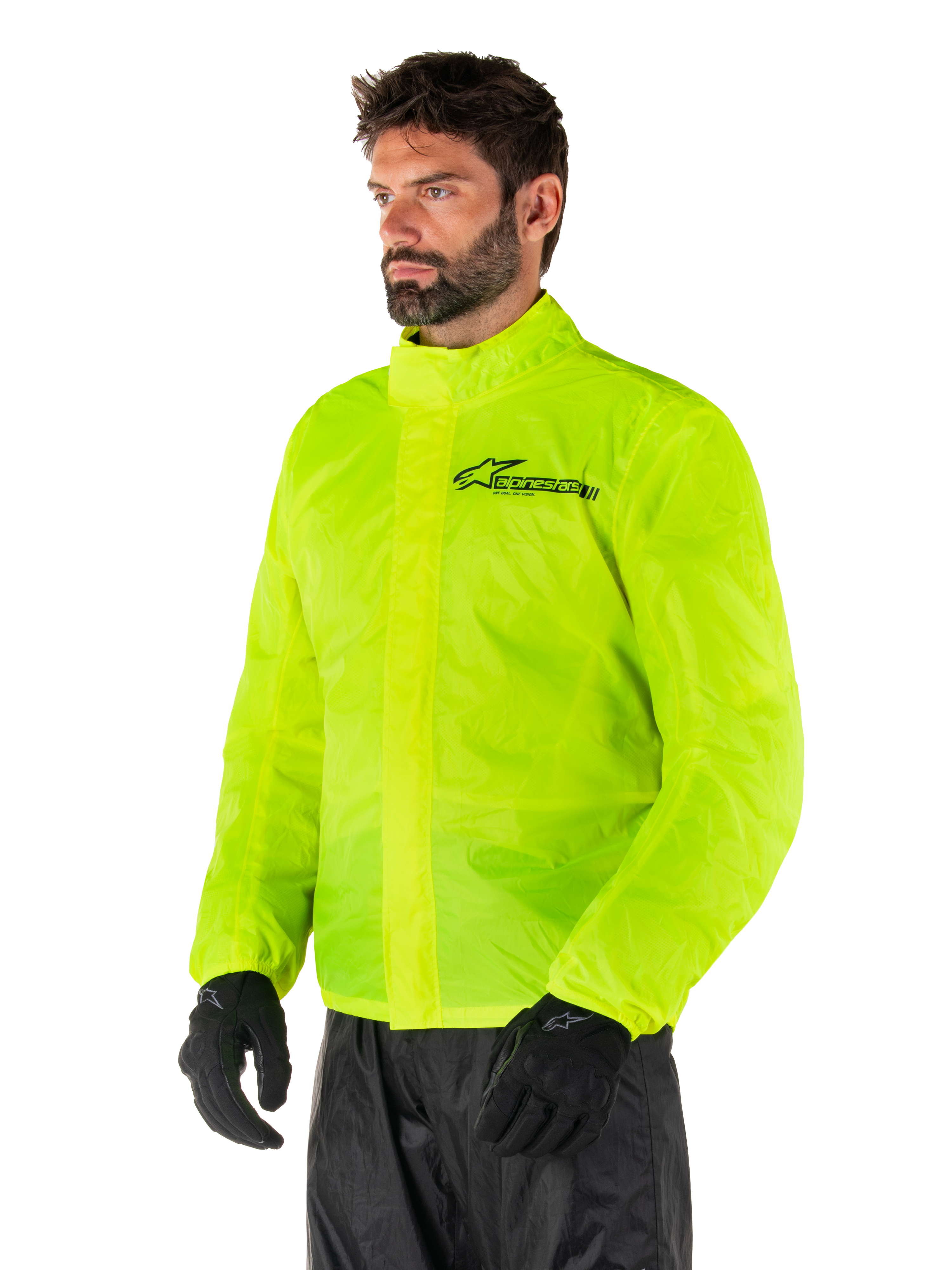 Alpinestars Hurricane Rain V2-jacka, Yellow Fluo, högvisibel fluorescerande gul vattentät regnjacka för motorcykel, främre dubbel klaffstängning, Alpinestars-logotyp på bröstet, lätt och packbar design för körning i vått väder