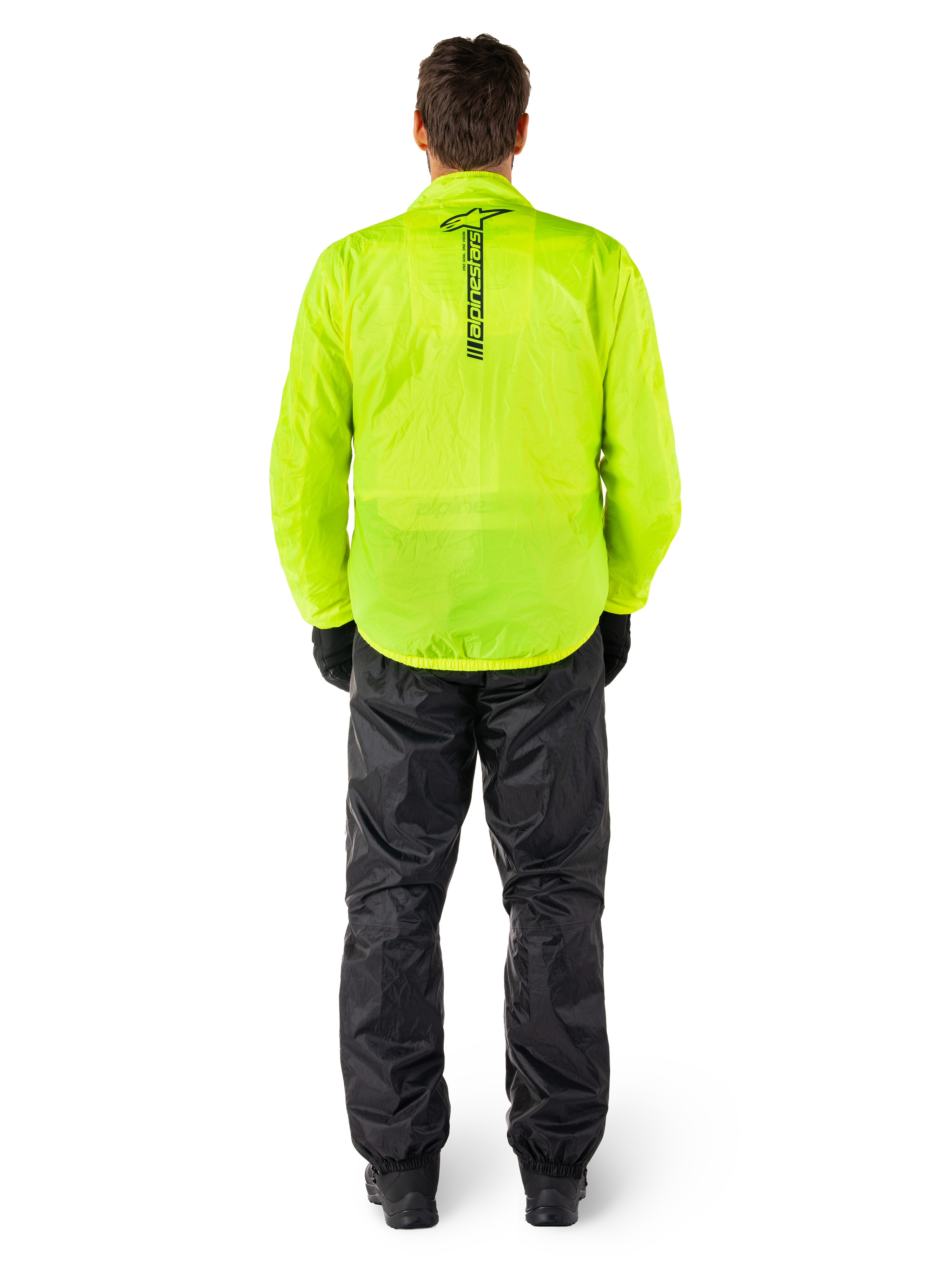 Alpinestars Hurricane Rain V2 jacka och byxor, vattentätt regnställ för motorcykel, klar fluorescerande gul jacka med vertikal svart logotyp på ryggen, svarta byxor, lätt textilmaterial designat för skydd vid körning i vått väder