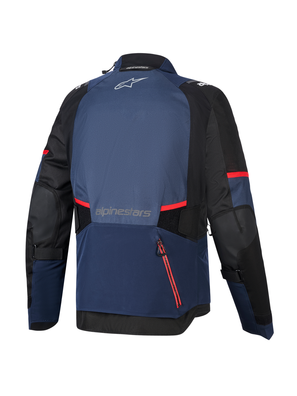 Alpinestars Andes V4 Drystar® jacka, vy bakifrån, Night Navy, Mood Indigo och svart, med röda dragkedjedetaljer och ränder, stort vattentätt fack baktill, Alpinestars-logotyp på övre och nedre ryggen, teknisk textiljacka för äventyrstouring